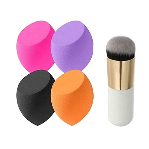 ENIVO Mini White Foundation Makeup Brush & 4 Beauty Blender Sponges Set - 5 Pack for Women & Girls | Perfect for Liquid, Cream & Powder Makeup Application