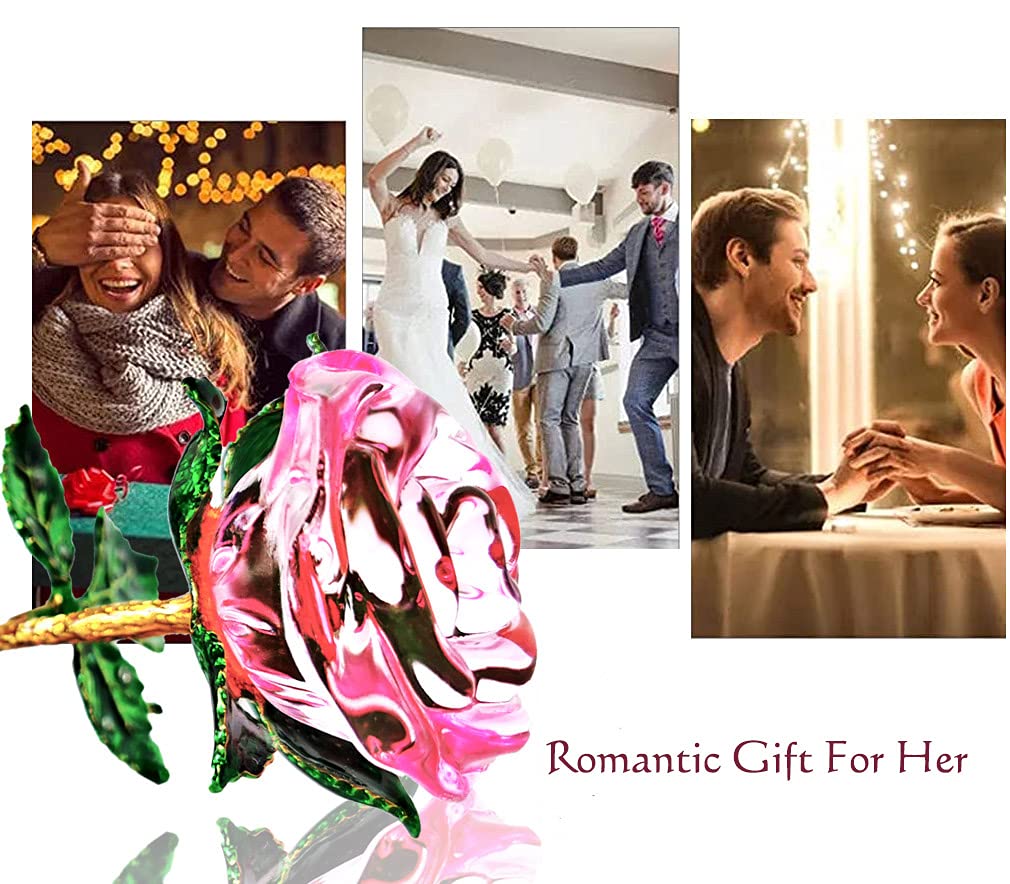 Eternal Pink Glass Rose Gift for Women - K9 Crystal Rose with Green Leaves & Wish Card - Unique Birthday, Christmas, Wedding, Valentine's Day Present - Perfect for Home Decor, Anniversary Surprise & Romantic Gestures