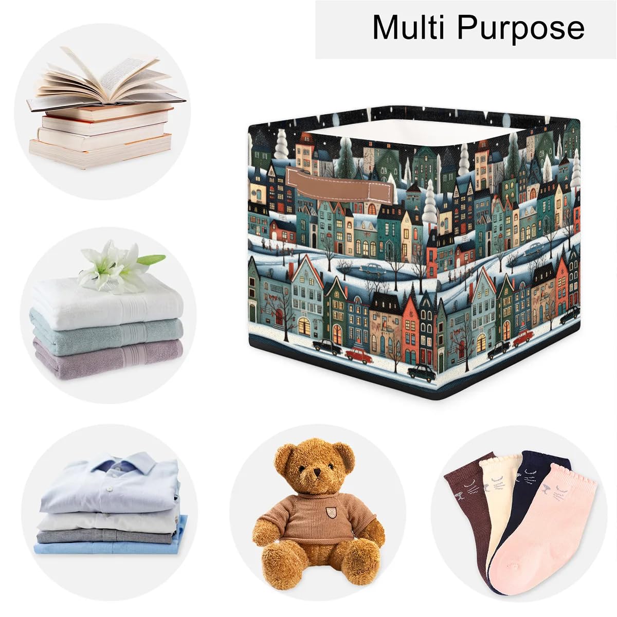 13 Inch Collapsible Storage Basket with Leather Handle - Foldable Organizer Bin for Closet, Shelves & Home Decor | Perfect for Landscaping Tools, Town Storage & Household Organization