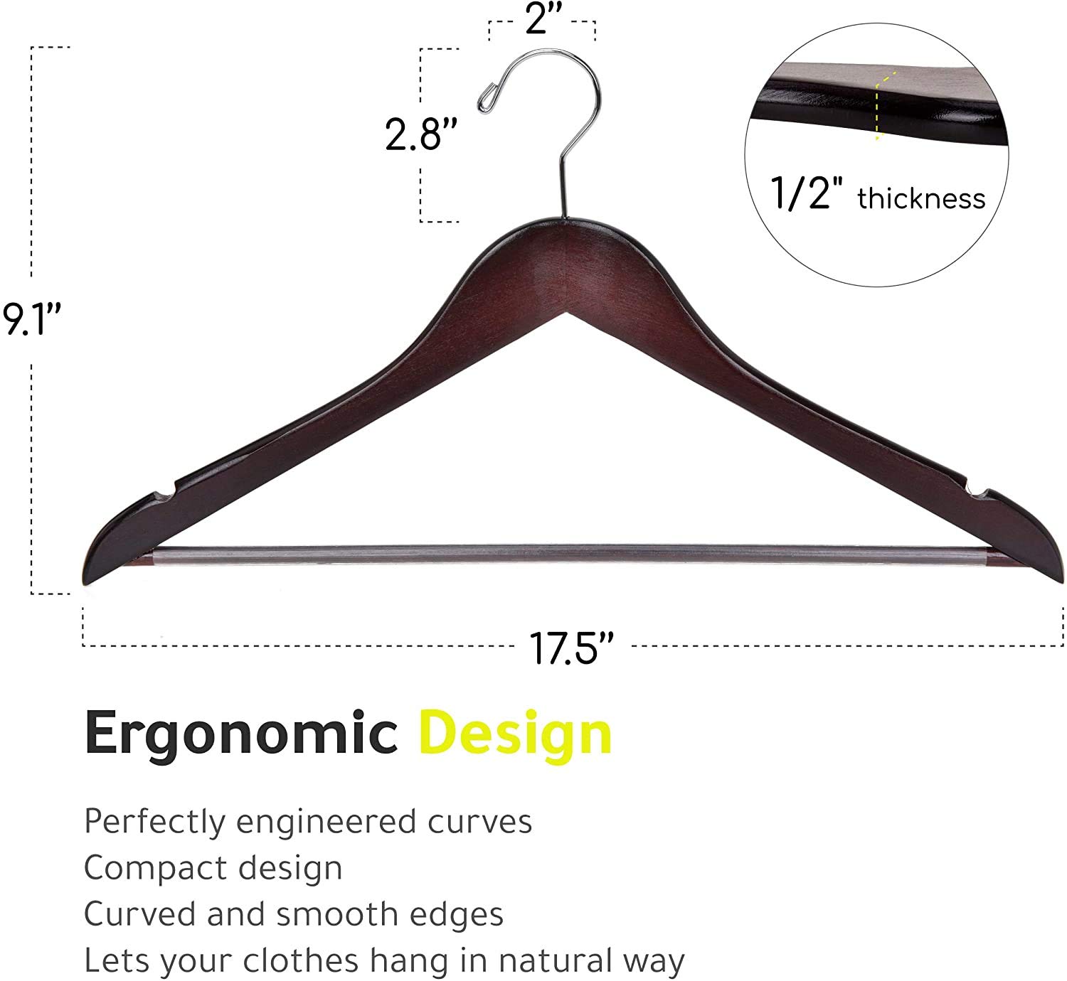 Premium Solid Wooden Hangers 30-Pack - Slightly Curved Design with Chrome Hooks for Clothes, Jackets & Suits - Heavy Duty Walnut Wood Coat Hangers for Wardrobe Organization - Perfect for Home, Closet, Laundry Room & Retail Stores