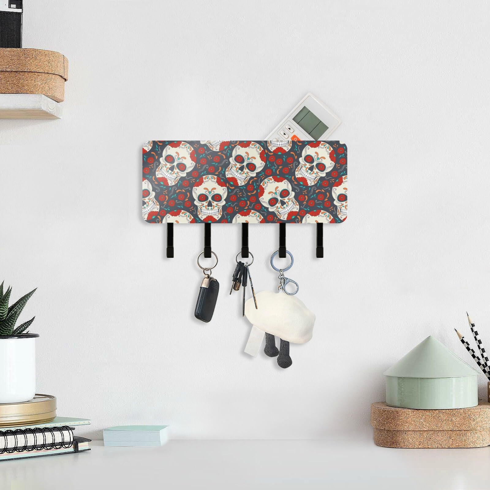 Wall Mounted Skull with Flowers Key Holder - 5 Key Hooks for Entryway, Mudroom & Living Room - Decorative Wall Organizer for Keys & Mail