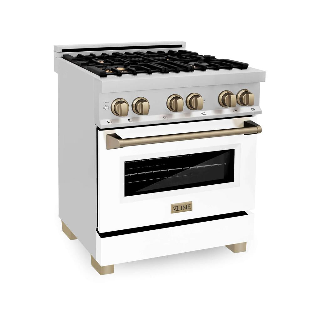 ZLINE Autograph Edition 30-inch Stainless Steel Dual Fuel Range with White Matte Door & Range Hood - Champagne Bronze Accents (2AKP RAWMRH30 CB) | Professional Kitchen Appliance for Home Chefs & Cooking Enthusiasts