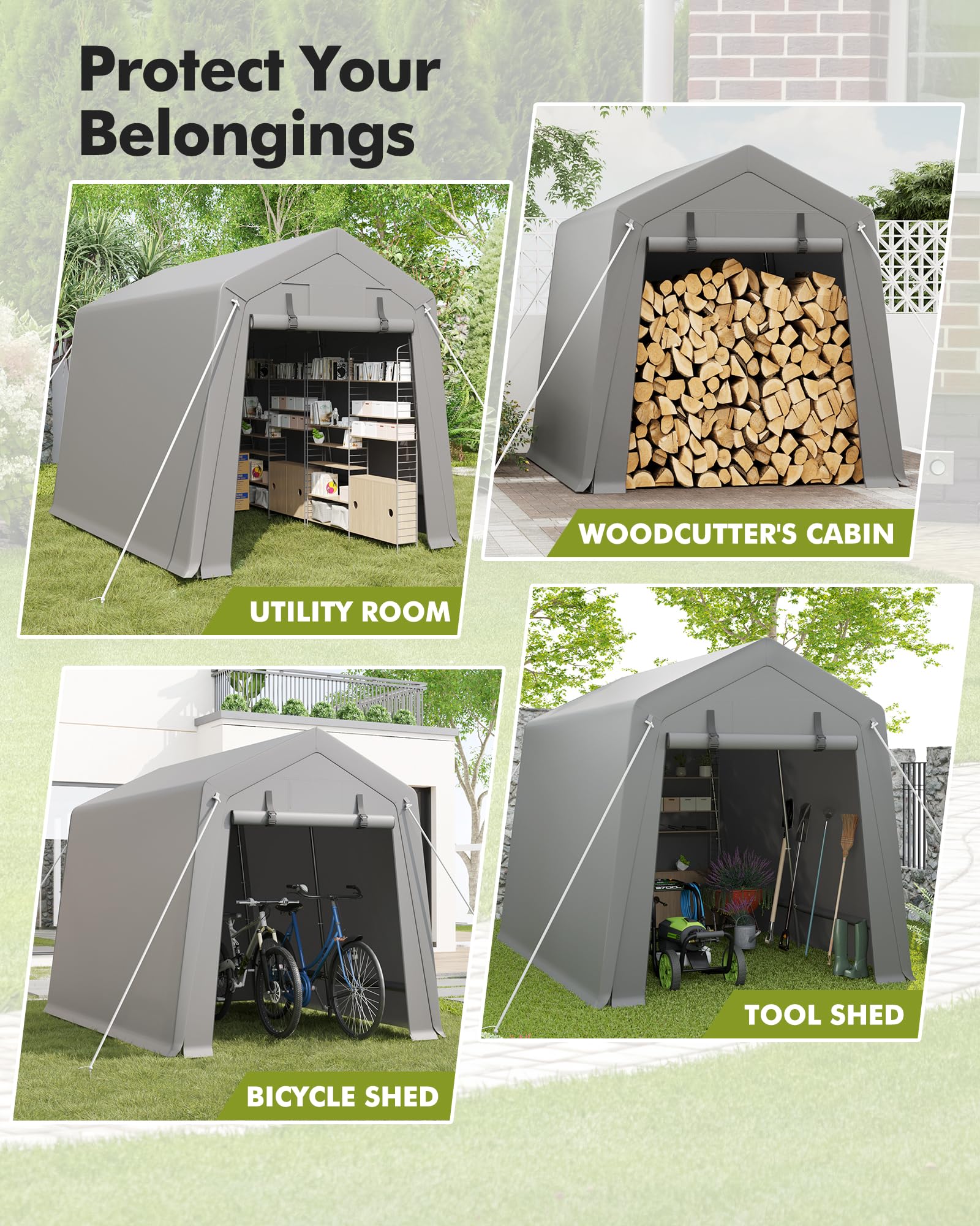 6x8 ft Heavy Duty Waterproof Carport Storage Shed with 2 Roll-Up Zipper Doors - Shelter Logic Garage Tent for Motorcycle, Bike, Garden Tools & Firewood Storage - Perfect for Backyard, Patio, RV and Outdoor Equipment Protection