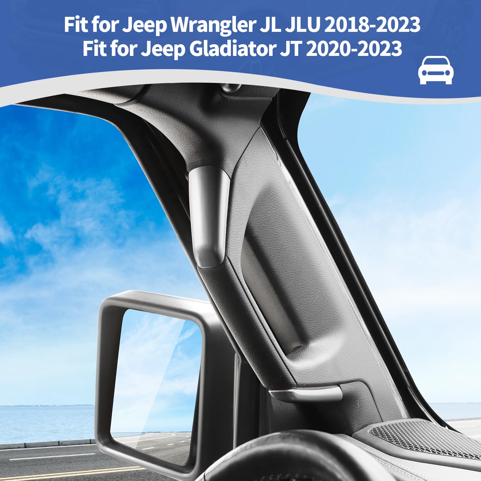 Jeep JL A Pillar Grab Handles Cover Trim - Silver Interior Accessories for Jeep Wrangler JL JLU & Gladiator JT 2 Door (2018-2023) | Durable Upgrade for Off-Roading & Daily Driving