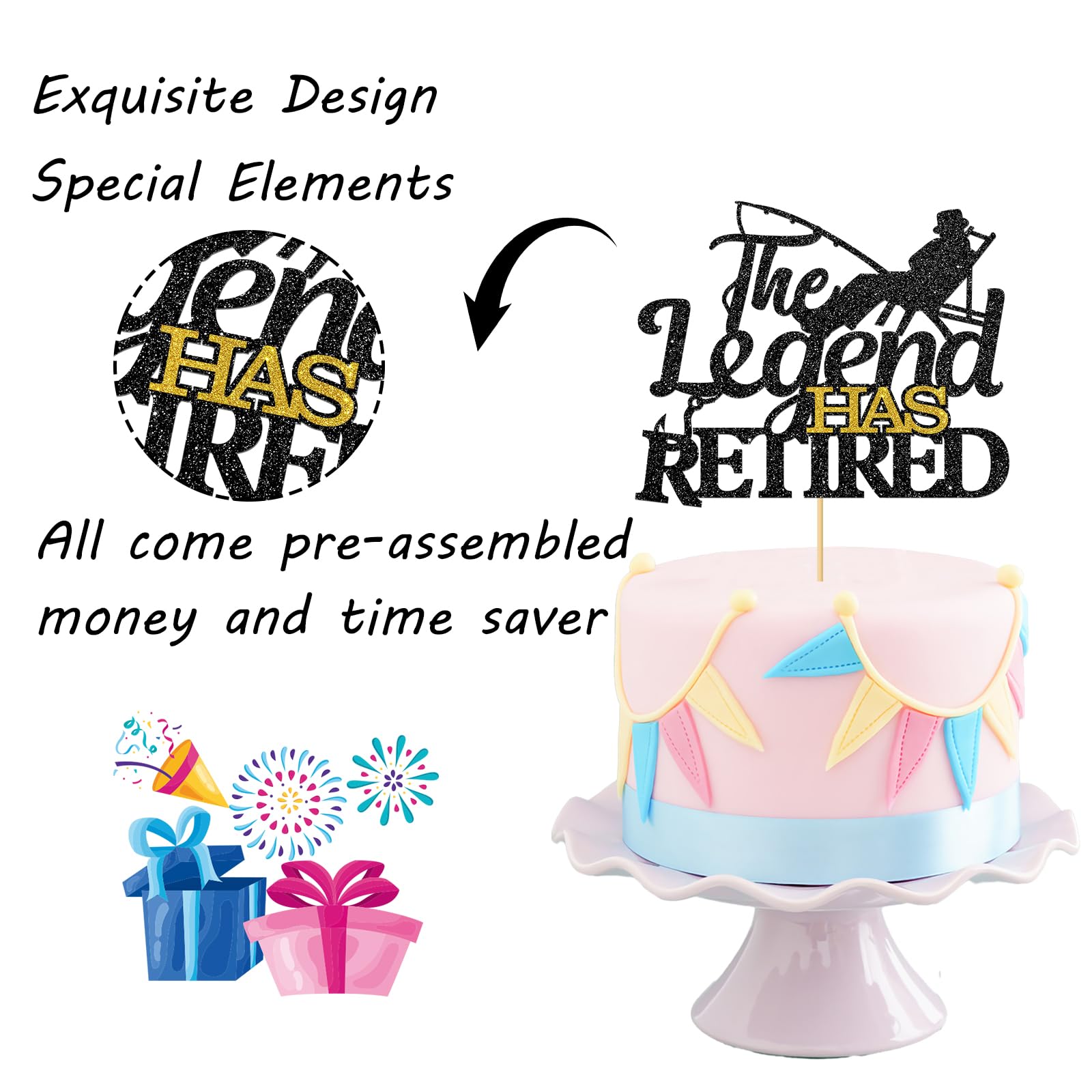 Maicaiffe Happy Retirement Cake Topper - Black Glitter Retired Farewell Party Cake Decorations | Perfect for Retirement Parties, Office Celebrations & Milestone Birthday Cakes