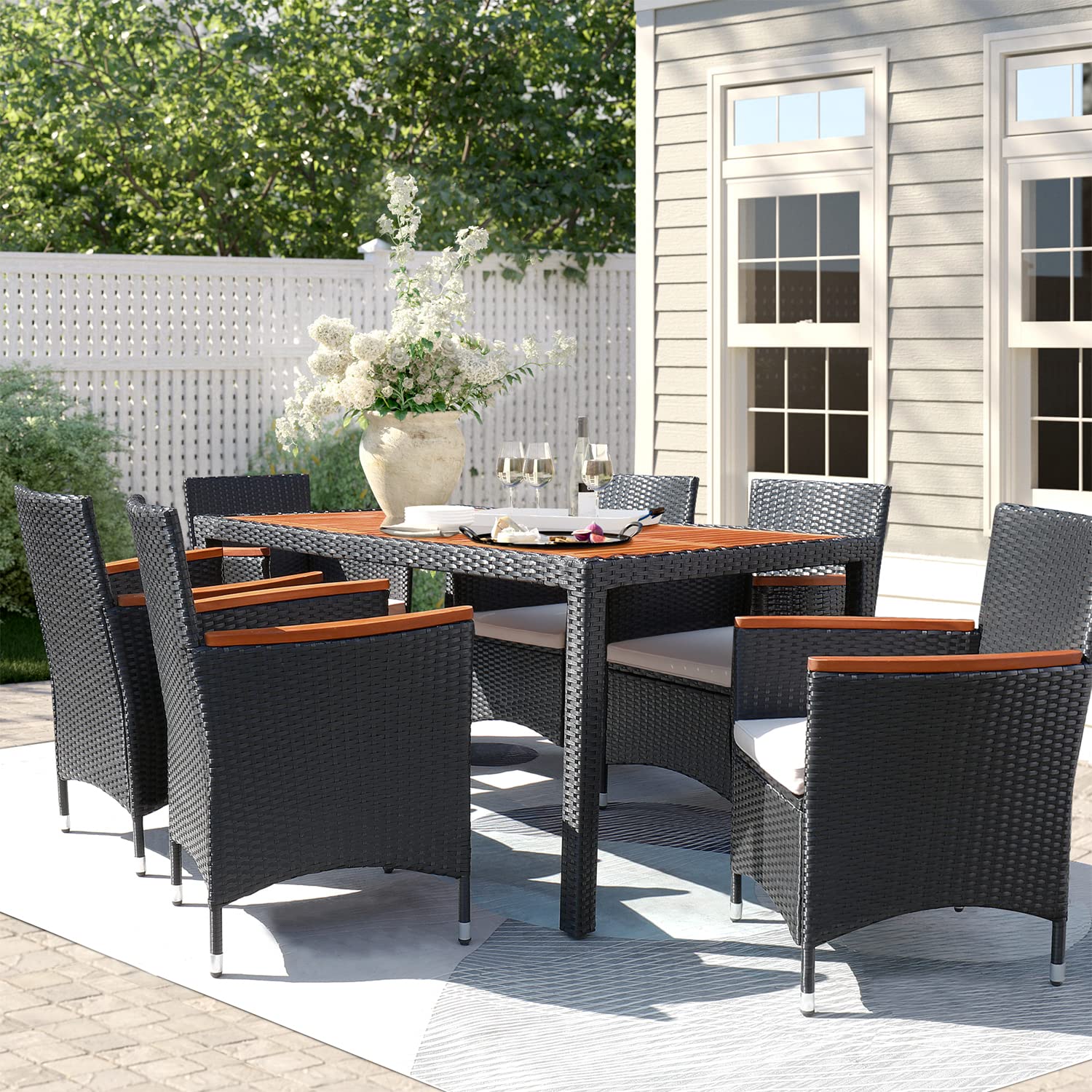 Premium 7-Piece Acacia Wood Patio Dining Set with Soft Cushions - Outdoor Wicker Furniture for Deck, Backyard, Garden - Perfect for Al Fresco Dining, BBQs & Outdoor Entertaining