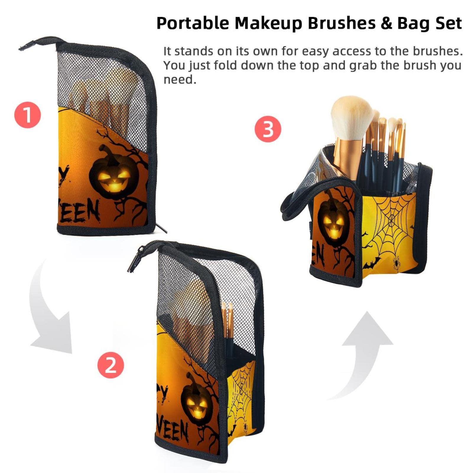12-Piece Halloween Makeup Brush Organizer Bag with Pumpkin Spider Web Design - Portable Cosmetic Brush Holder Case for Travel, Home & Professional Use