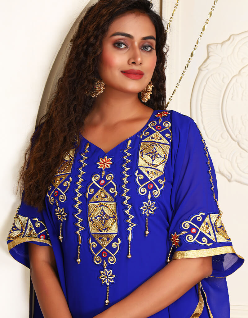 Exquisite Arabic Blue Georgette Farasha with Stone Embroidery - Perfect for Weddings, Parties & Special Occasions