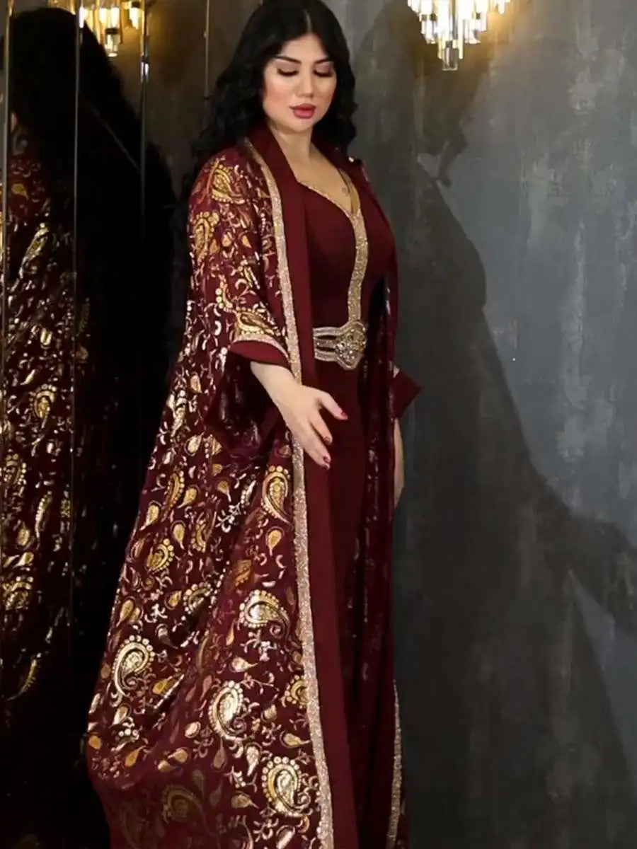 Elegant 2-Piece Muslim Women's Eid Caftan Dress Set with Inner Sleeveless Dress - Perfect for Eid Celebrations, Weddings & Special Occasions