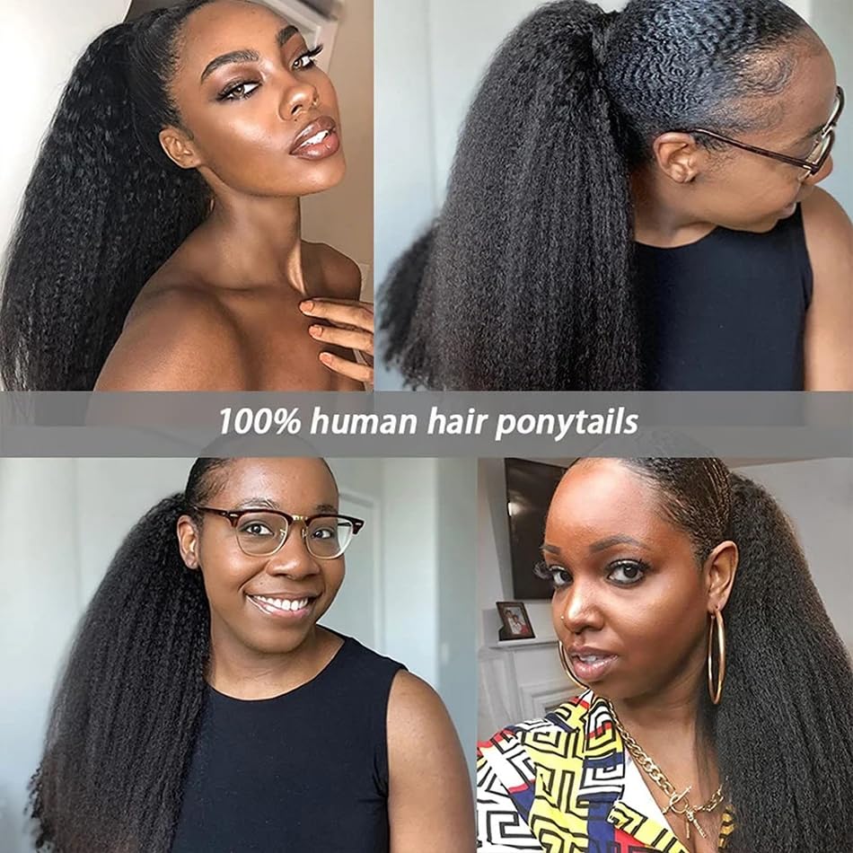 Wrap Around Long Kinky Straight Ponytail Hair Extensions - 26 Inch Clip-in Ponytail Human Hair Extensions for Women - Natural Black Yaki Straight Remy Hair - Perfect for Parties, Weddings & Everyday Styling