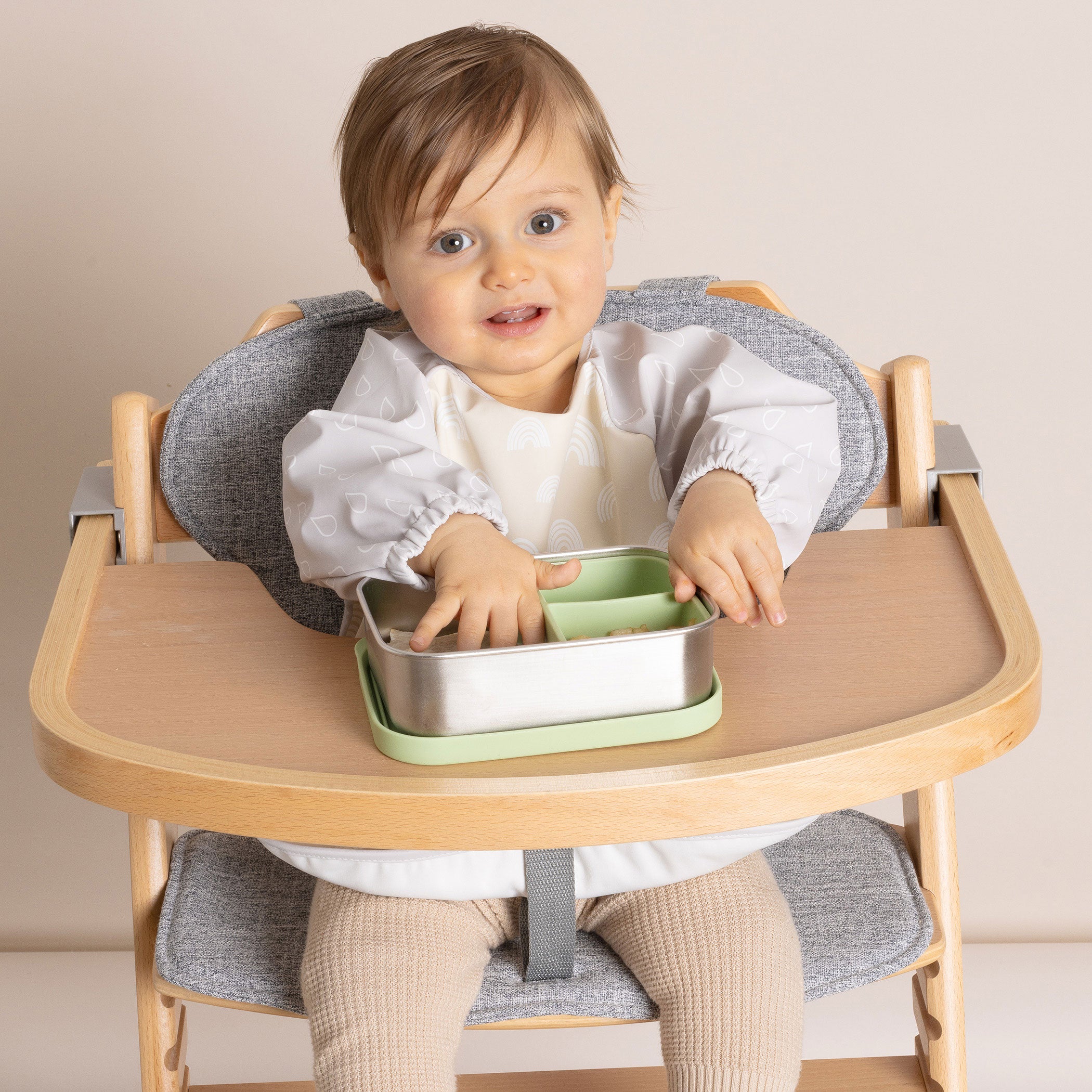 Nordic Smock Bib for Baby - Soft Grey & Sand Cotton Feeding Bib with Adjustable Straps - Perfect for Mealtime, Daycare, and Messy Play