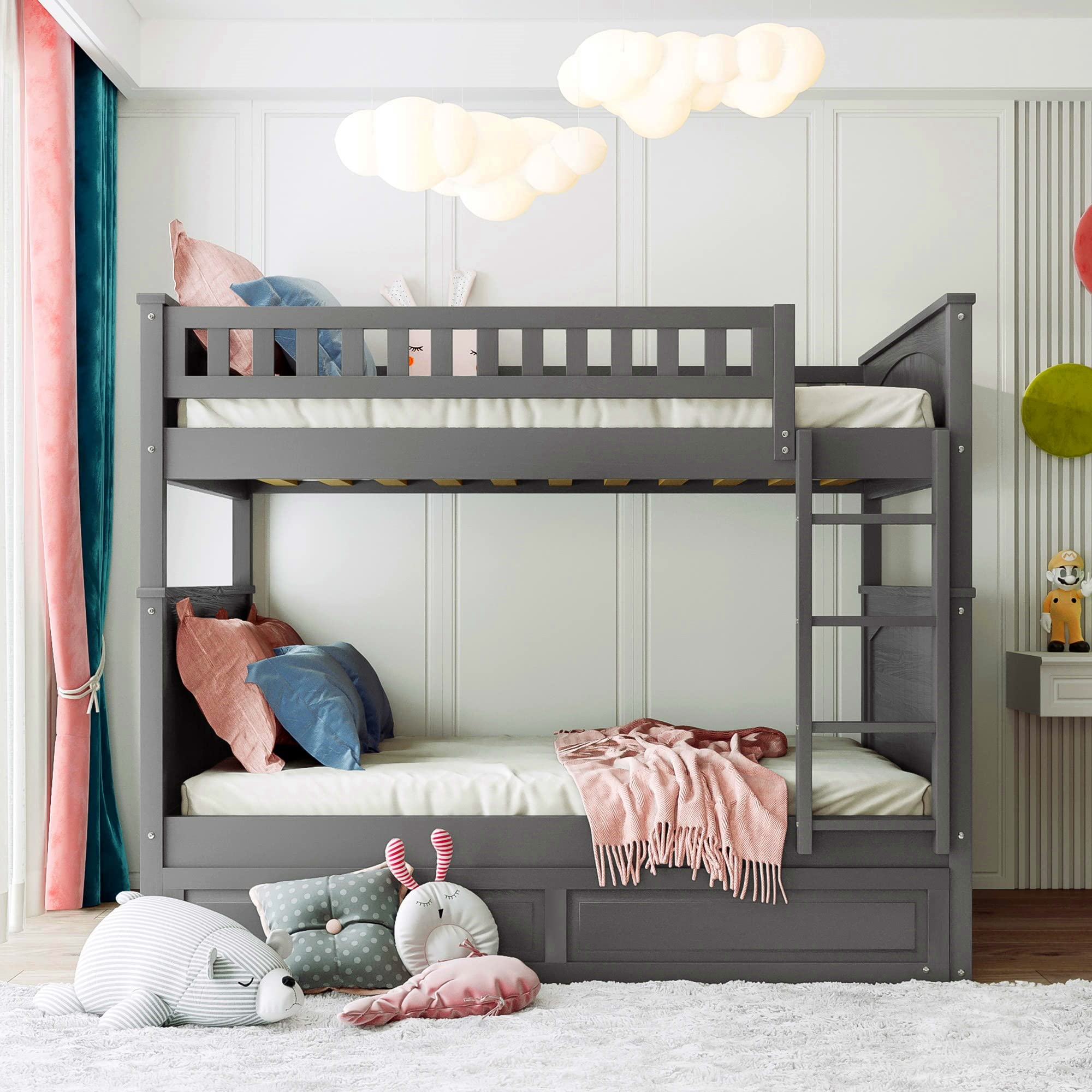 Harper & Bright Designs Full Over Full Bunk Beds with Twin Trundle - Detachable Wooden Bunk Bed Frame with Safety Guard Rails, No Box Spring Needed (Brushed Gray) - Perfect for Kids' Bedroom, Guest Room & Space-Saving Solutions