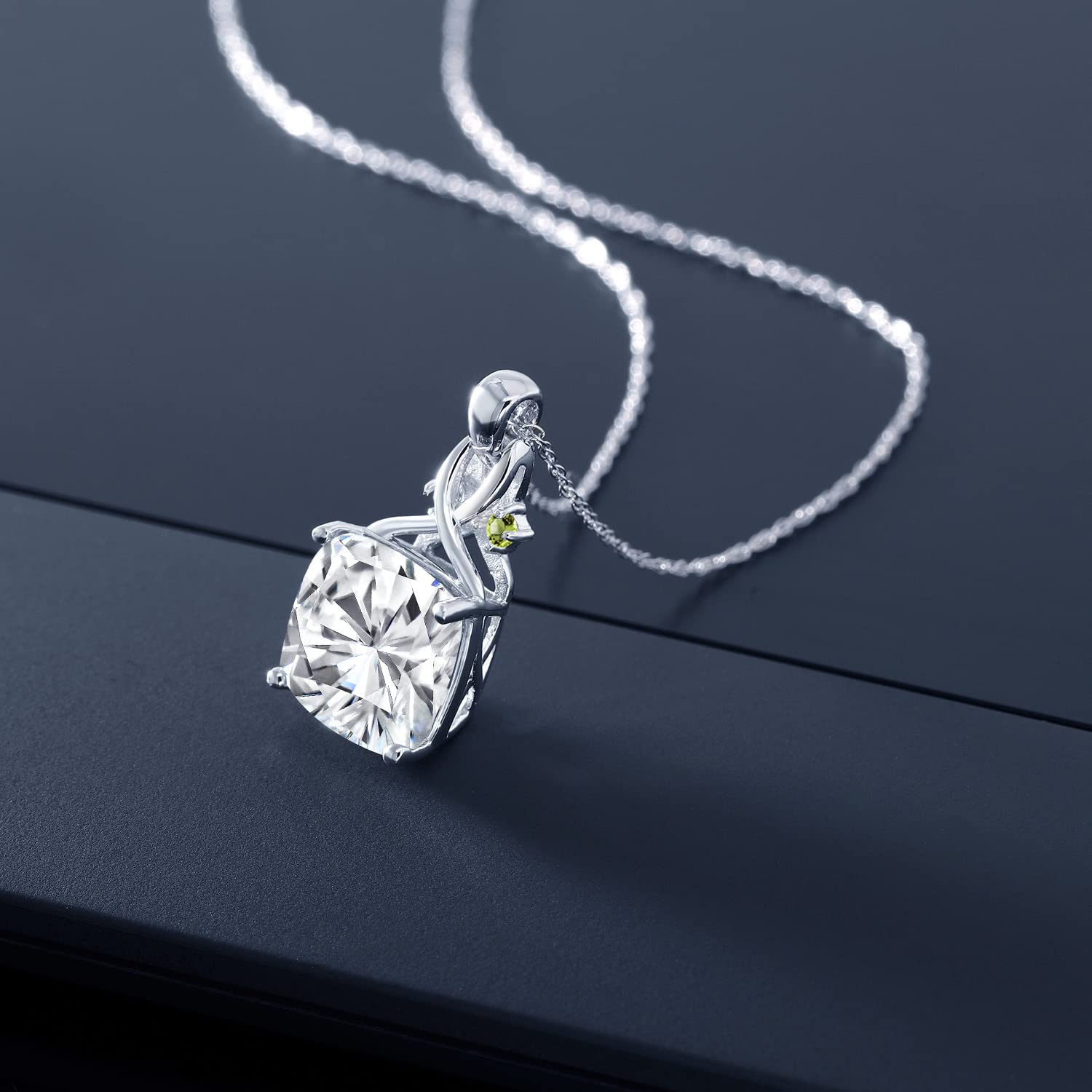 10K White Gold Moissanite & Peridot Pendant Necklace for Women - 5.06cttw Cushion Cut Gemstone Jewelry with 18