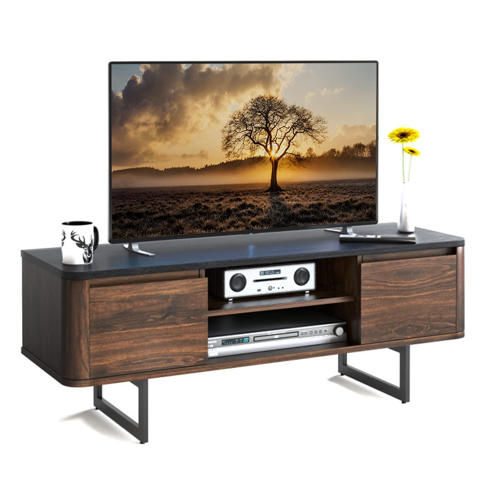 Tangkula 55 Inch TV Stand with Metal Base & 2-Door Storage - Wooden Media Console with Adjustable Shelf & Cable Management - Entertainment Center for Living Room, Bedroom - Brown (Perfect for Home Theater Setup & Living Room Organization)