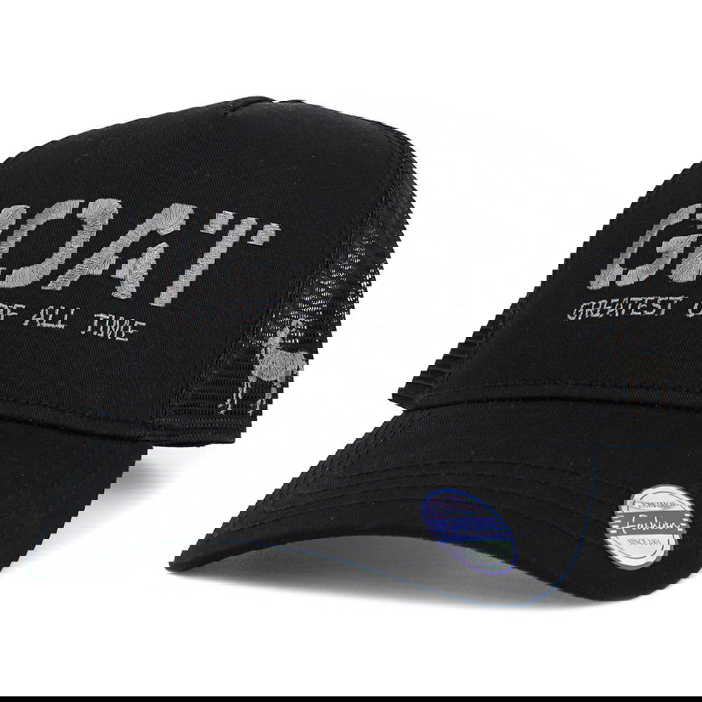 Black Embroidered Mesh Back Trucker Hat - GOAT (Greatest of All Time) Message Baseball Cap for Men & Women - Perfect for Sports, Outdoor Activities & Casual Streetwear