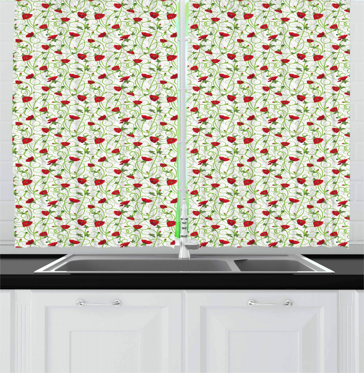 Ambesonne Floral Kitchen Curtains - Scarlet Poppy Flowers Design, 2 Panel Window Drapes for Kitchen & Cafe Decor, 55