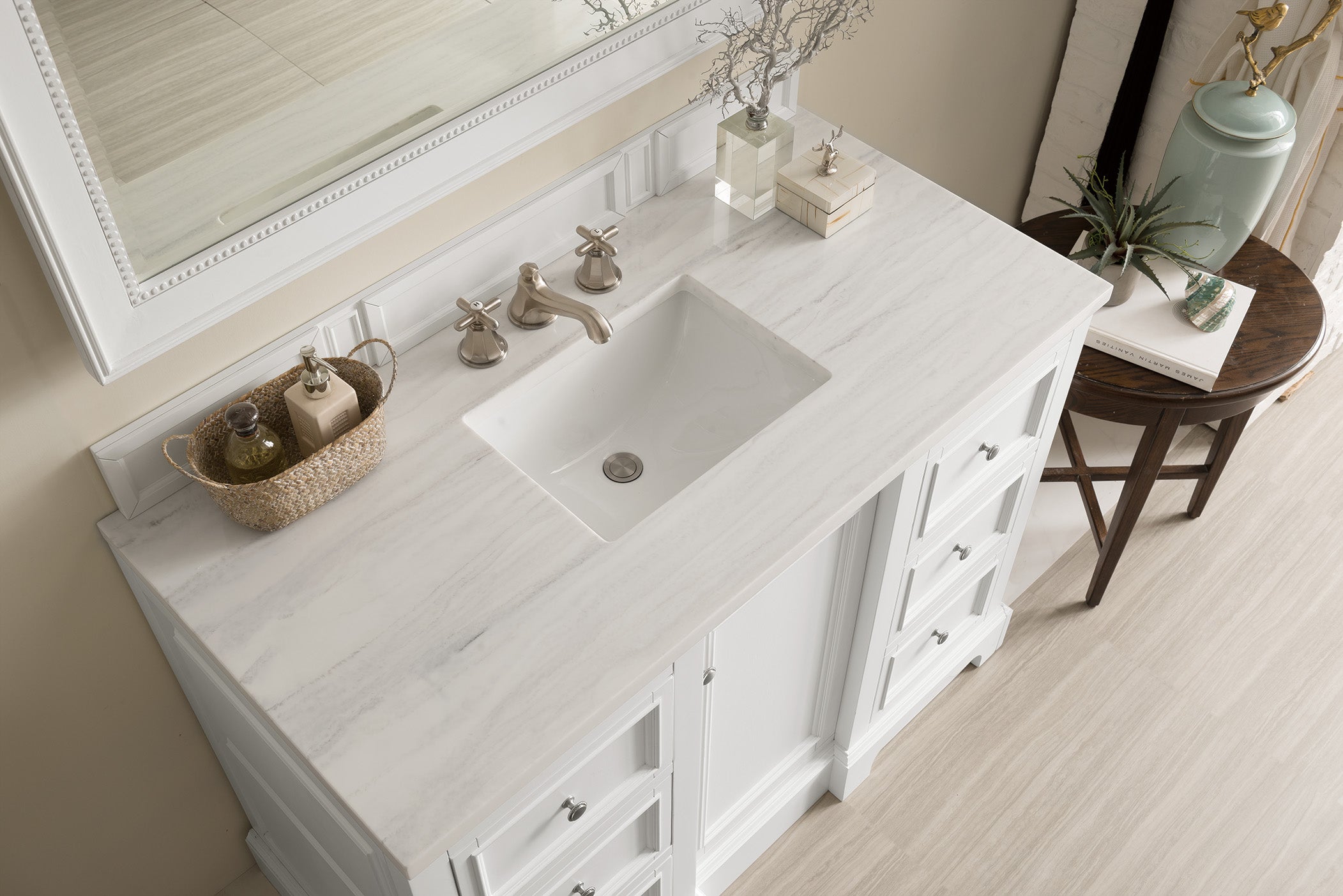 De Soto 48 Inch Single Bathroom Vanity in Bright White with 3CM Arctic Fall Solid Surface Top - Perfect for Modern Bathroom Renovations and Home Upgrades