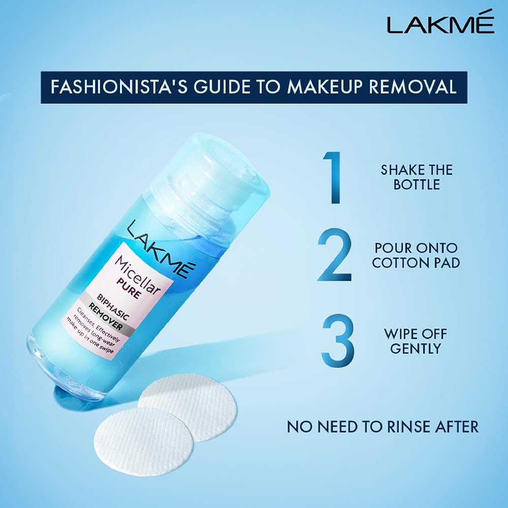 LAKMÉ Biphasic Micellar Cleansing Water 100ml - Gentle Makeup Remover for Waterproof Makeup & Sensitive Skin | Oil-Free Facial Cleanser with Hydrating Formula | Perfect for Daily Skincare & Travel