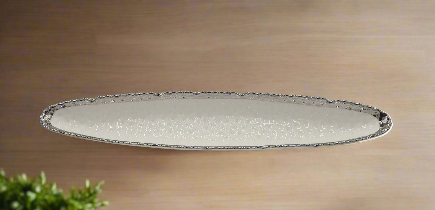 16x3 Inch Olive Plate with Silver Rim - Oval Serving Dish for Dinner Parties, 24 Pieces per Case - Perfect for Restaurants, Catering & Special Events