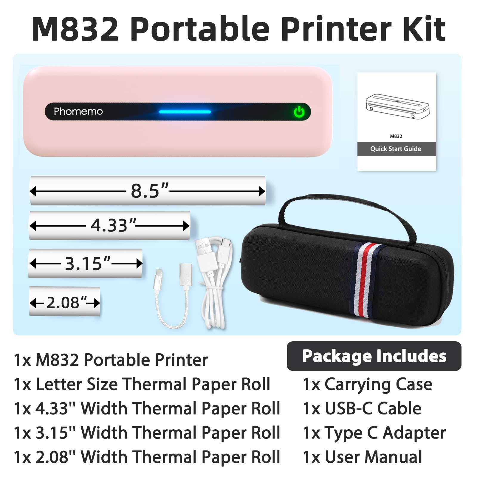 Phomemo M832 Wireless Bluetooth Thermal Printer - Portable Inkless Printer for Phone & Laptop, Supports 8.5x11/A4/4.33/3.15/2.08 Inch Thermal Paper - Compact Travel Printer for Office, Home & School with Carrying Case - Perfect for On-the-Go Printing, Receipts, Labels & Notes