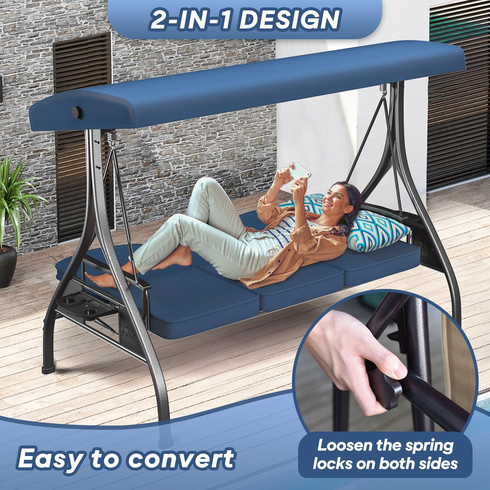3-Seat Outdoor Porch Swing - 800lb Capacity 2-in-1 Patio Glider Chair with Adjustable Canopy & Removable Cushions - Heavy Duty Square Tube Stand for Yard, Garden, Deck or Backyard Relaxation (Blue)