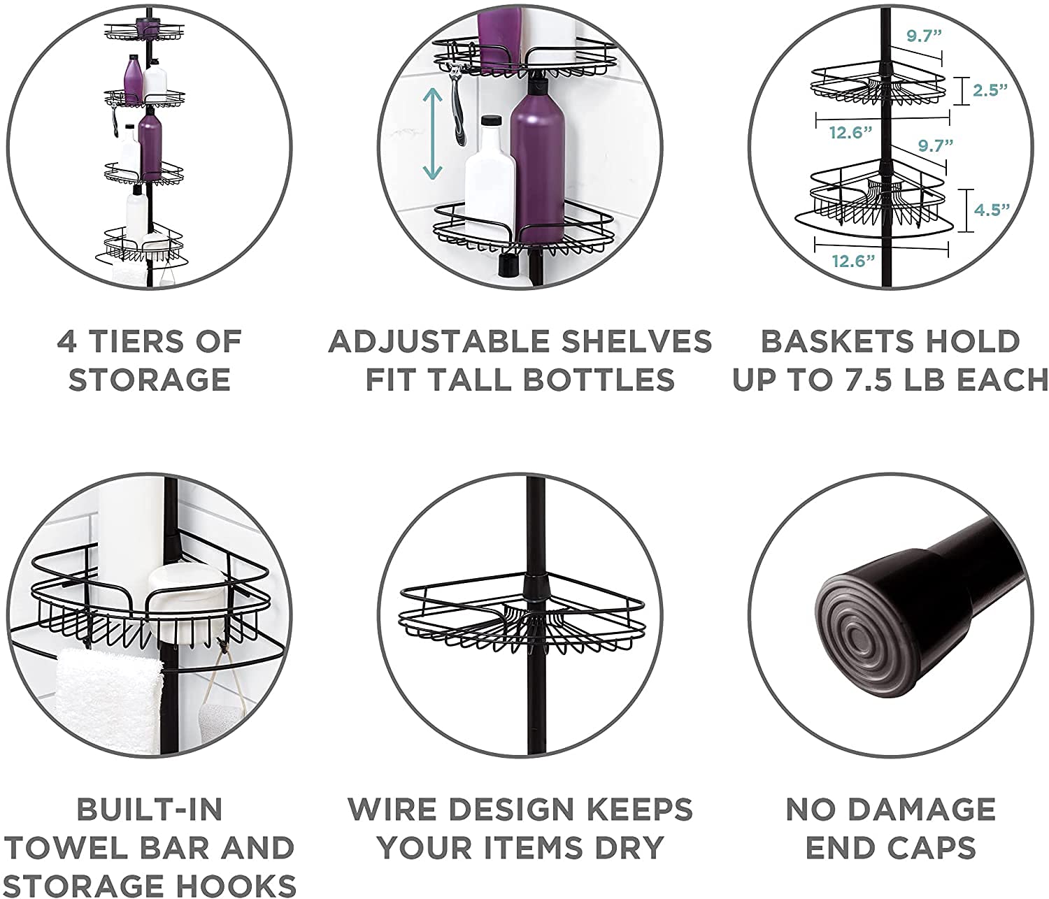 **Bronze Shower Caddy Organizer with 4 Storage Baskets, Hooks, Razor Holder & Washcloth Bar – Space-Saving Tension Pole Corner Shelf for Bathroom, Shower & Bathtub Storage**