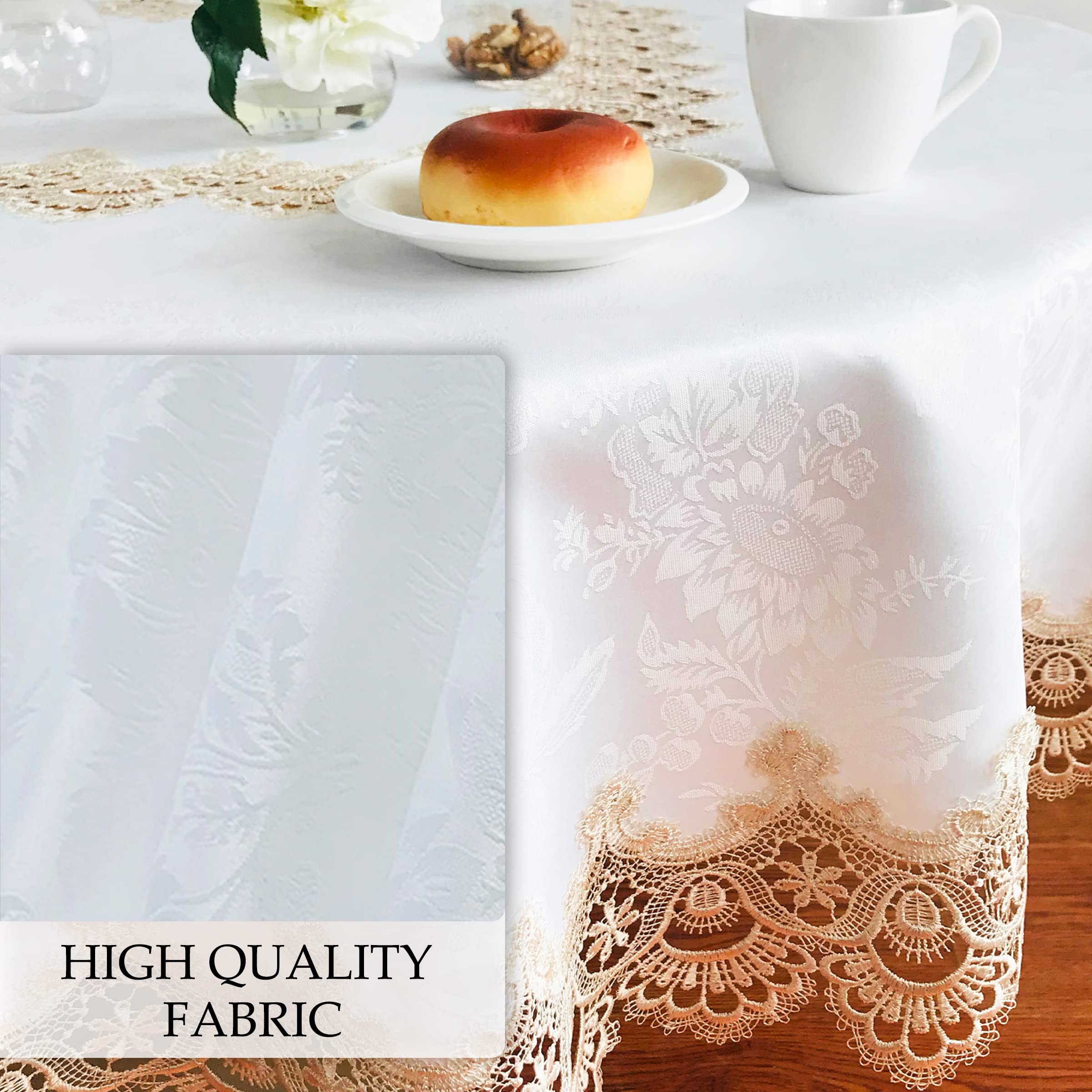 Beige Lace Tablecloth 72x126 Inches - Washable Rectangle Dining Table Cover for Home, Holiday Parties, Christmas, Thanksgiving, Weddings & Banquets | Elegant Kitchen Decor & Perfect for Formal Dinners, Buffets and Special Occasions