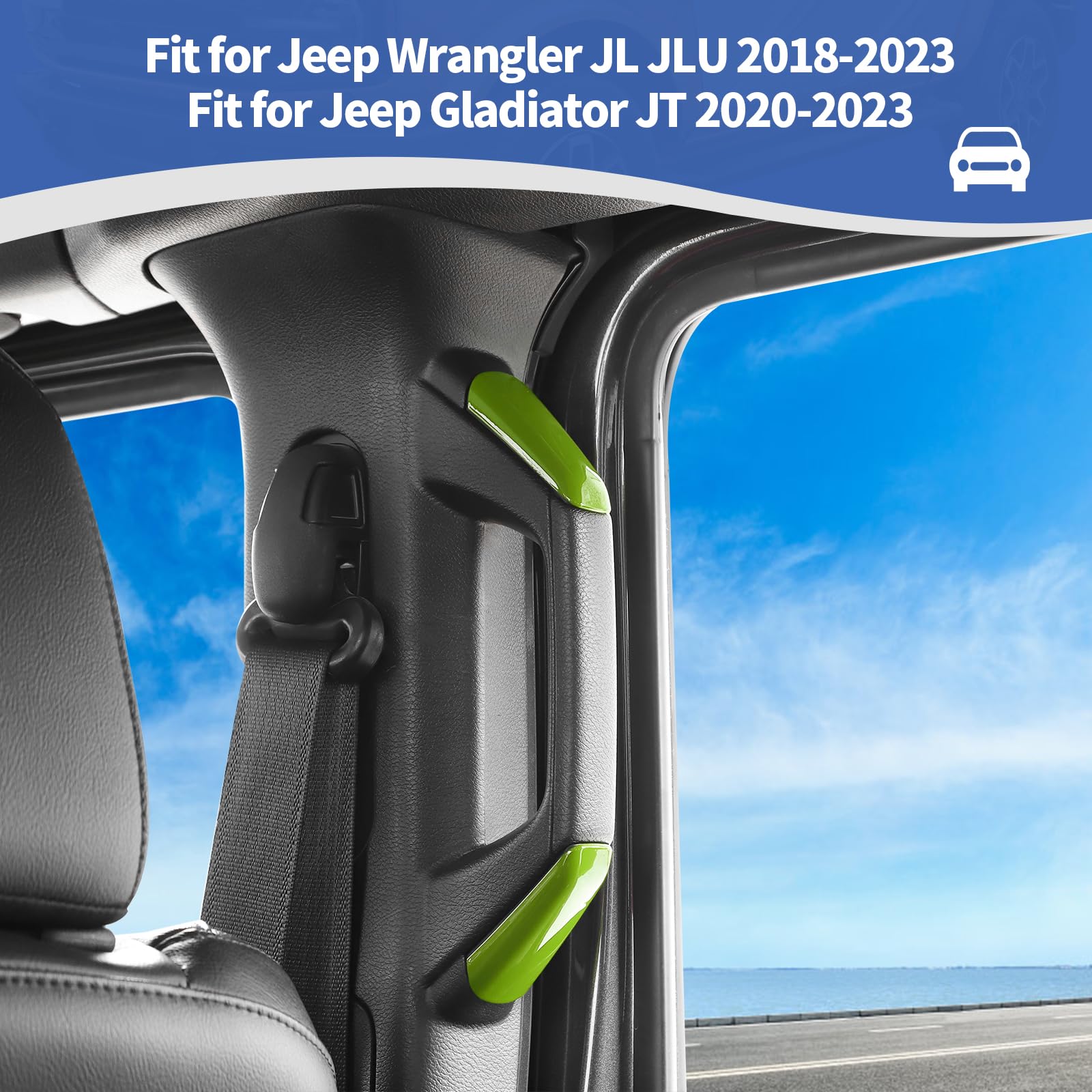 RT-TCZ Green A B Pillar Grab Handles Cover Trim for Jeep Wrangler JL JLU & Gladiator JT 4-Door (2018-2023) - Durable Interior Accessories for Off-Road Adventure & Daily Driving