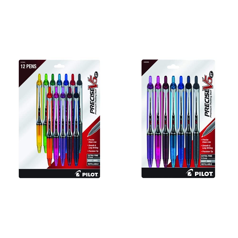 Pilot Precise V5 RT Liquid Ink Rolling Ball Pens - 0.5mm Fine Point, Assorted Colors (12-Pack) & Refillable Retractable Premium Pens (7-Pack) - Perfect for Office, School, Note Taking & Gift Giving