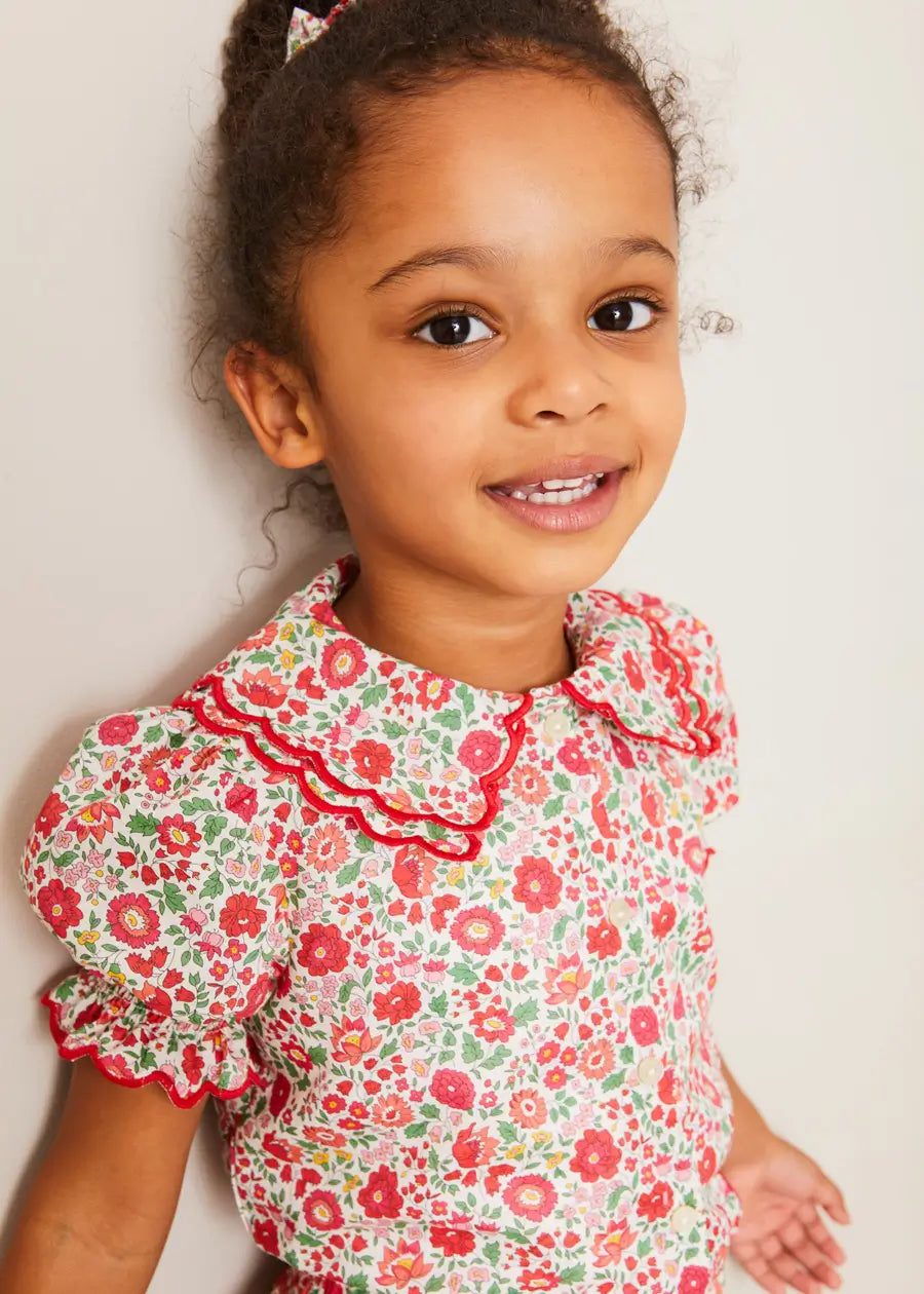 Margot Floral Short Sleeve Blouse - Red Liberty Fabric for Girls (18m-12yrs) | Perfect for Spring Outfits, Birthday Parties & Family Photos