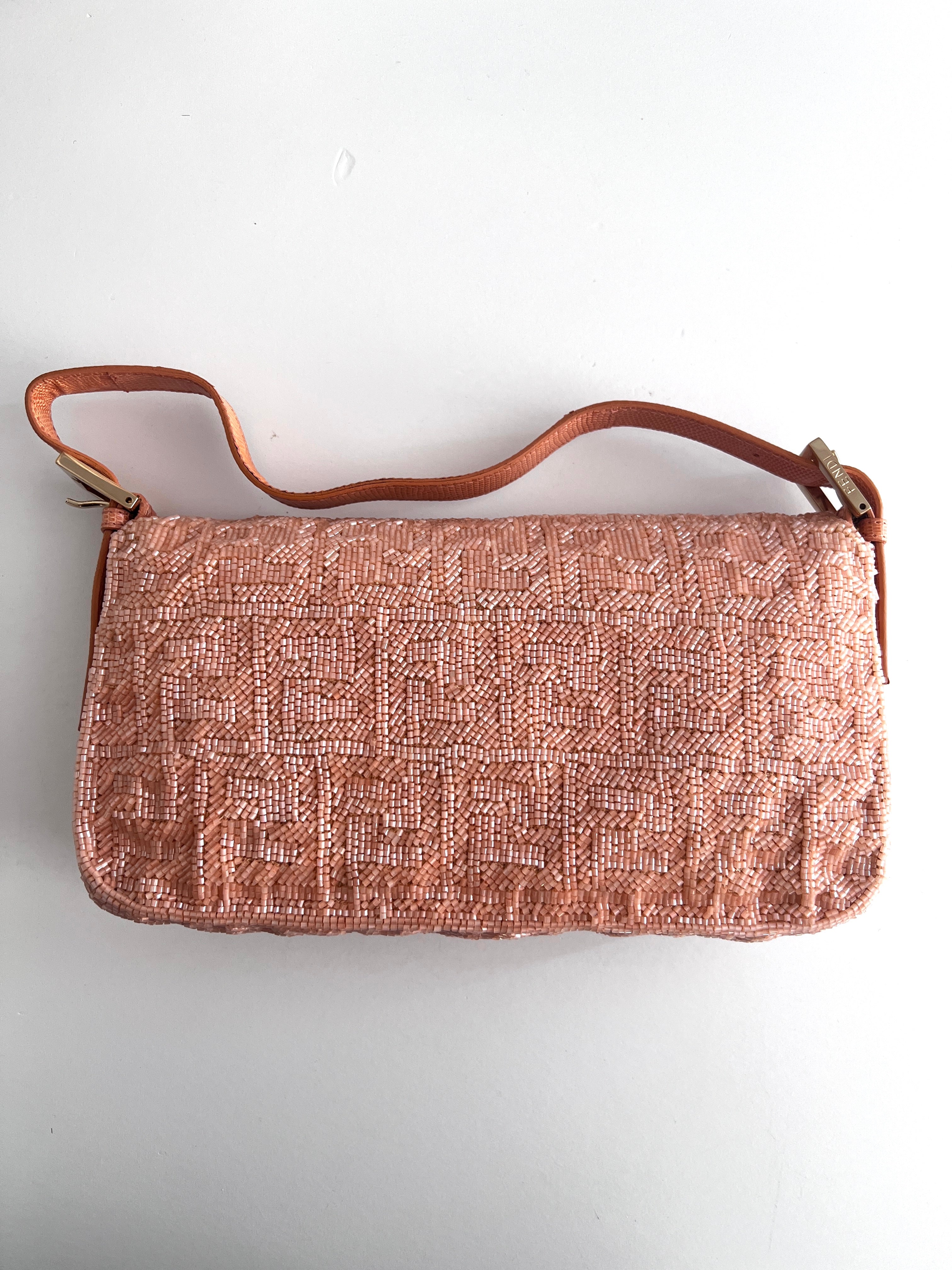 Fendi FF Beaded Baguette Bag - Peach Color Lizard Skin Trim, Luxury Designer Handbag for Women | Perfect for Evening Parties, Weddings & Special Occasions