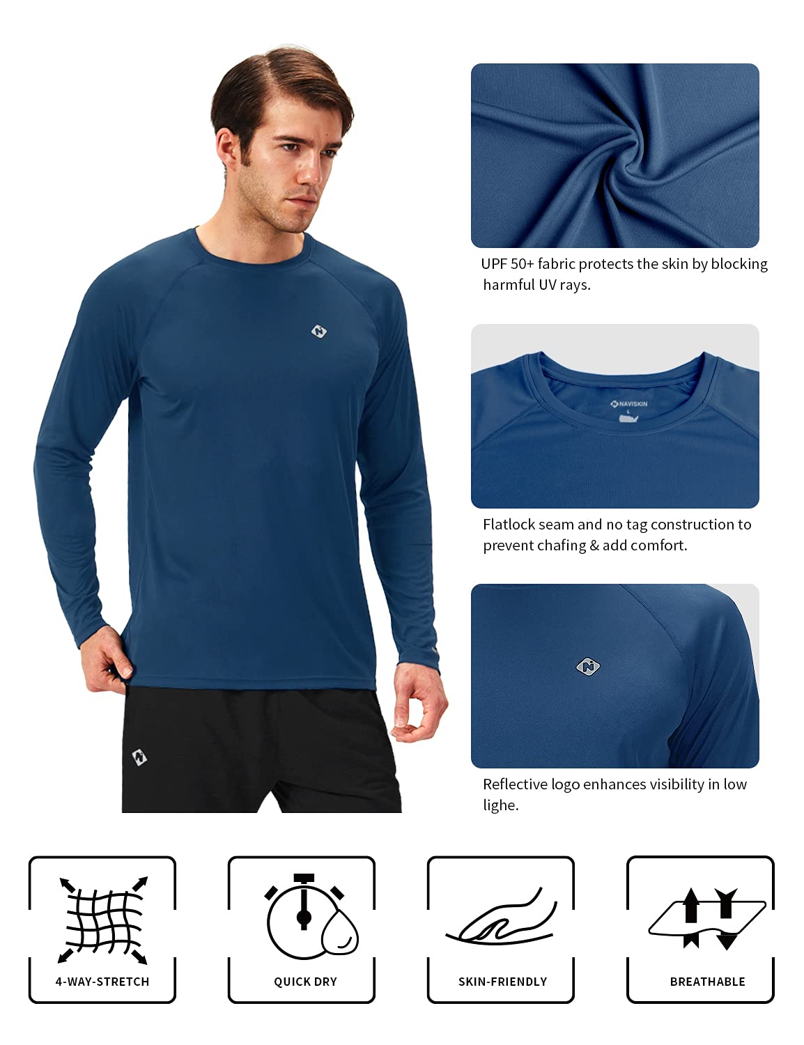 NAVISKIN Men's UPF 50+ Sun Protection Rash Guard Shirt - Long Sleeve Swim Shirt for Surfing, Swimming & Water Sports - Lightweight Quick Dry UV Shirt with Sunblock for Beach, Pool & Outdoor Activities
