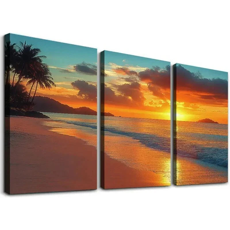 3-Piece Classic Palm Tree Beach Sunset Wall Art Set - Framed Canvas 50x70cm (20x28in) - High Quality Print - 100% Australian Made - Ready to Hang - Perfect for Living Room, Bedroom & Beach House Decor