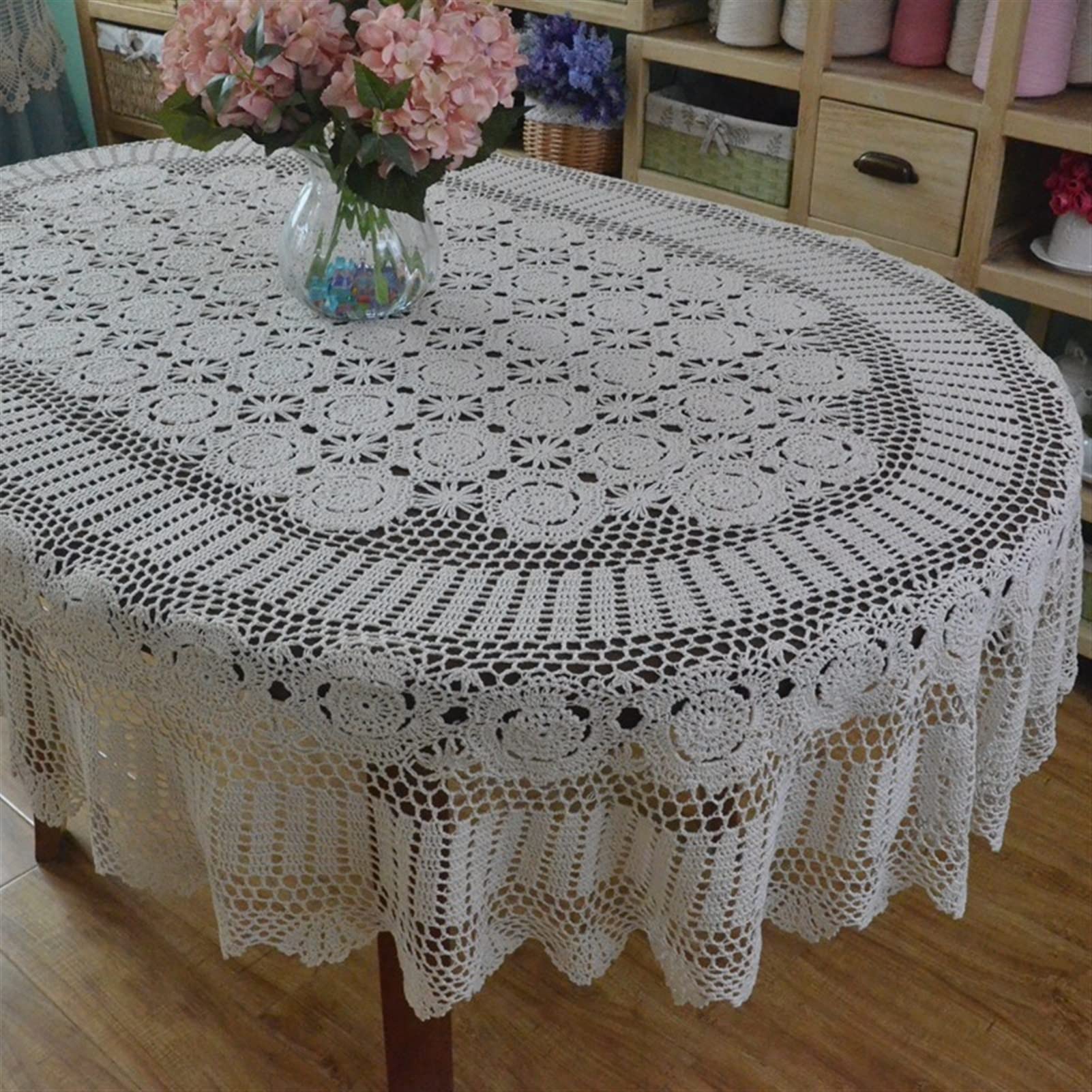 Handmade Crochet Lace Tablecloth - Vintage Embroidered Cotton Oval Table Cover for Dining Room, 180x240cm, Beige - Perfect for Wedding, Party, and Holiday Decorations