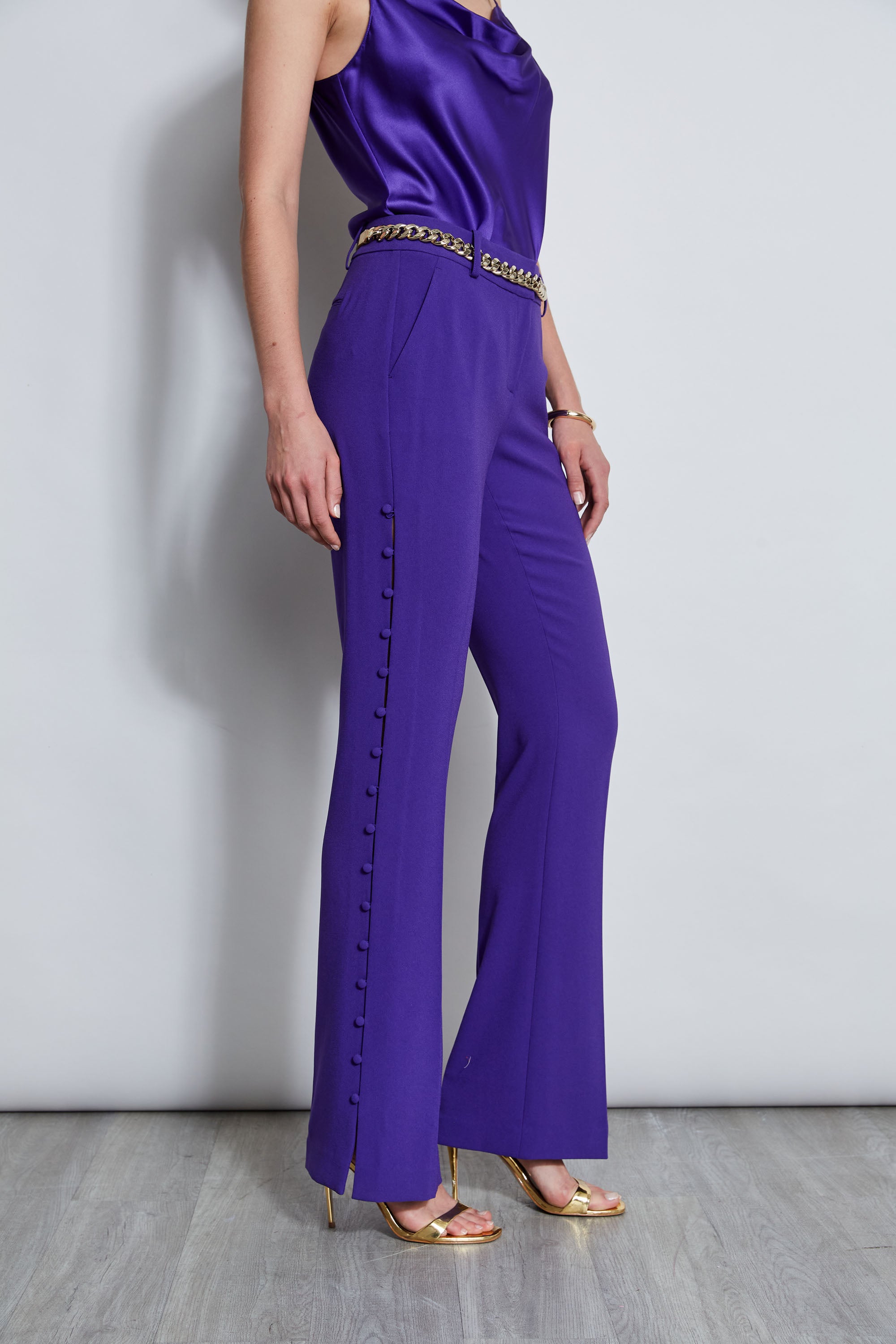 Stylish Side Button Crepe Pants for Women - Comfortable High Waisted Trousers with Elastic Waistband - Perfect for Office, Travel & Casual Wear