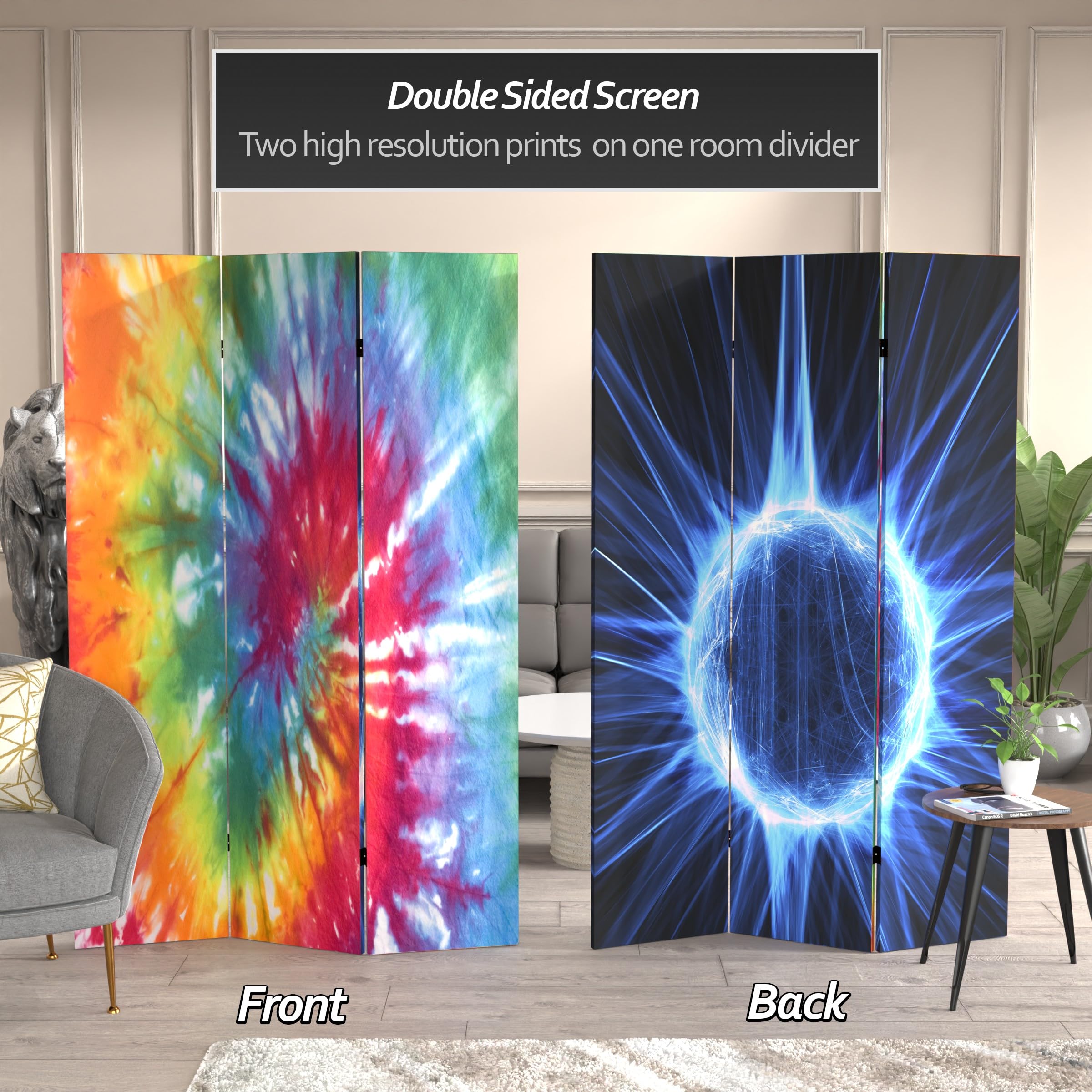 6 ft. Tall Red Lantern Double Sided Tie Dye Canvas Room Divider - 3 Panel Folding Privacy Screen for Bedroom, Office, or Event Decoration