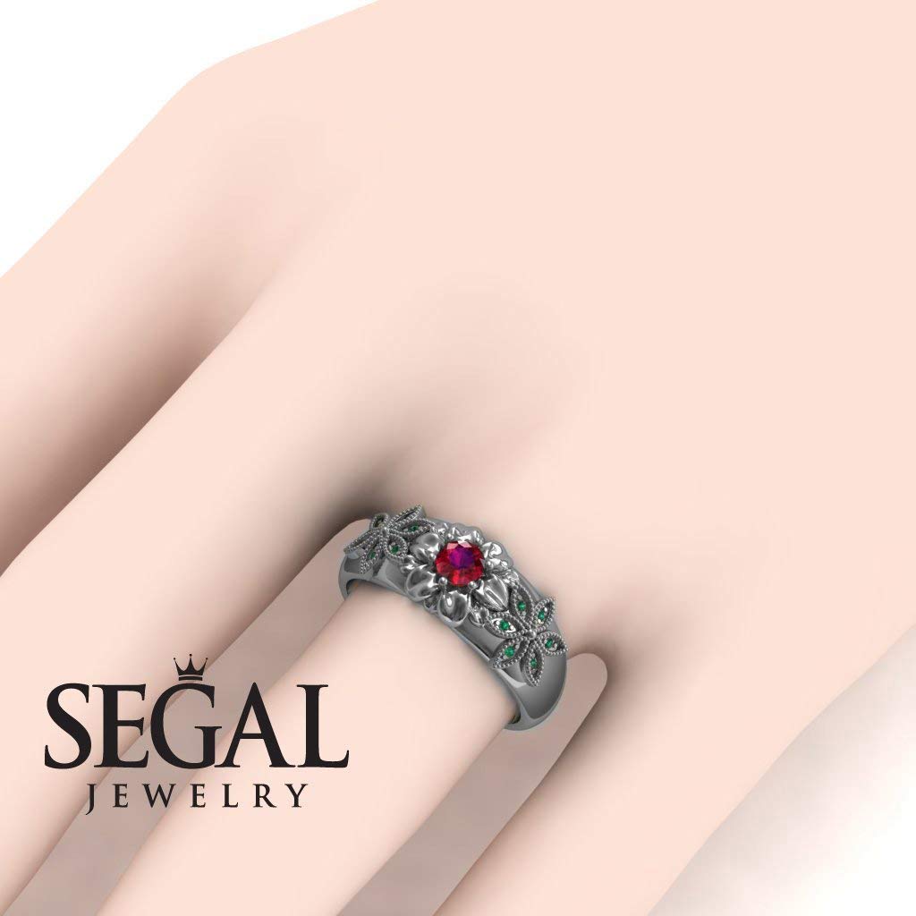 14K White Gold Victorian Engagement Ring with Ruby & Green Emerald Floral Design - Perfect for Proposals, Anniversaries & Romantic Gifts