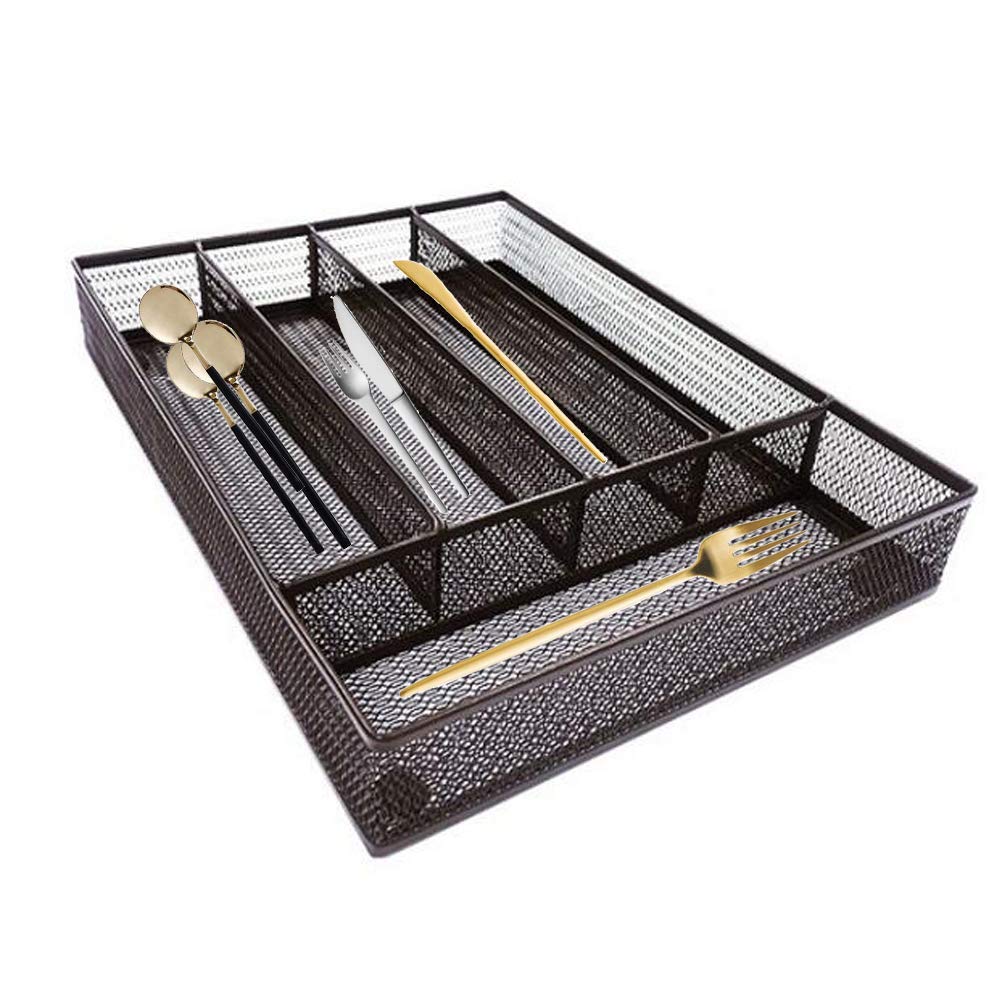 Stainless Steel Silverware Organizer Tray - 5 Compartment Kitchen Drawer Organizer for Forks, Spoons & Knives - Durable Flatware Holder for Utensil Storage - Perfect for Kitchen Organization & Dining Room Storage (Brown)