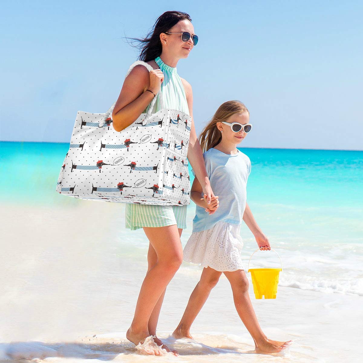 ALAZA Dachshund Puppy Polka Dot Tote Bag - Large Beach Bag with Rope Handles for Shopping, Groceries, Travel & Outdoor Activities | Perfect for Beach Days, Picnics & Casual Outings