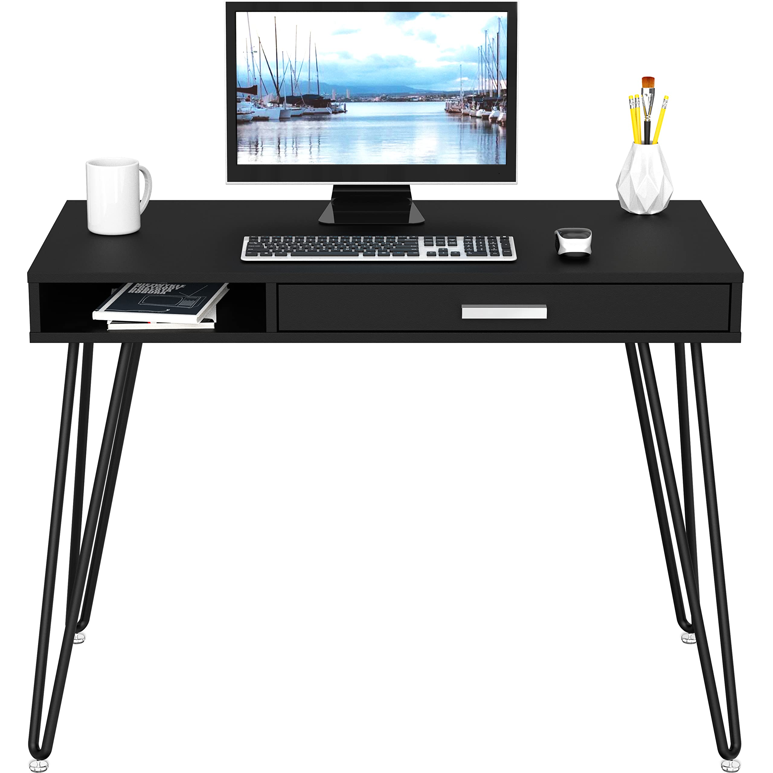 SHW Modern Home Office Computer Desk with Drawer & Hairpin Legs - Black Wooden Writing Table for Small Spaces, Work from Home, Study & Gaming (60