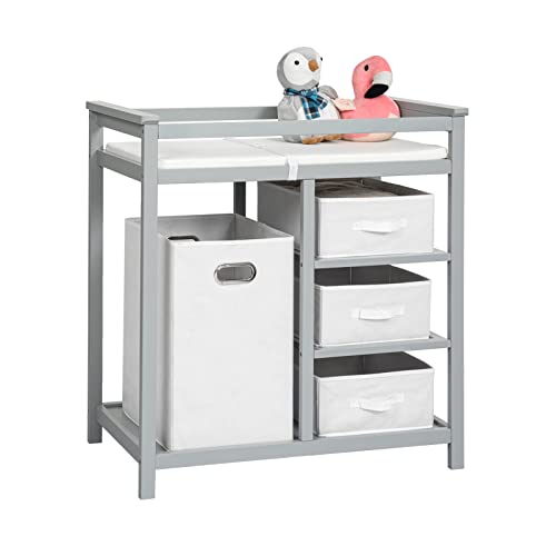 Lovin&Hugin Baby Changing Table with Storage Baskets & Laundry Hamper - Grey Nursery Changing Station with Changing Pad - Perfect for Diaper Changes & Nursery Organization