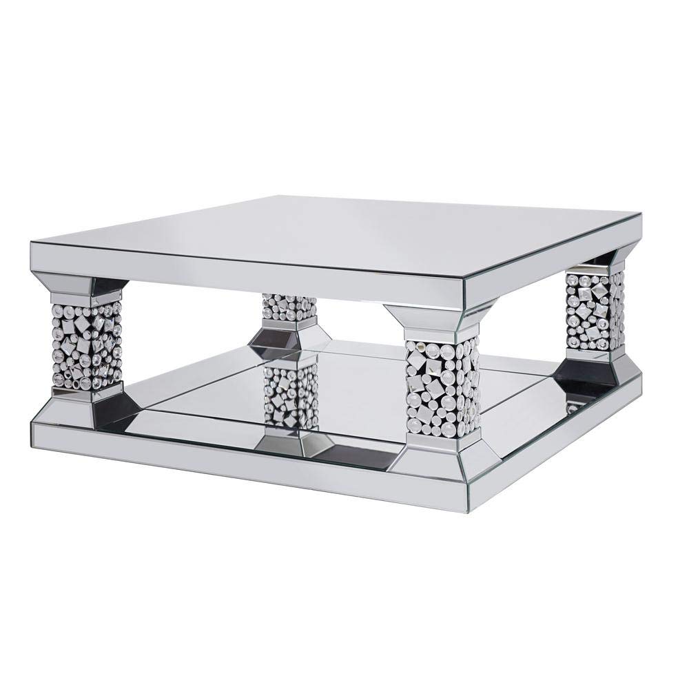 Benjara Modern Wood and Mirror Coffee Table with One Shelf - Clear Glass and Black Finish - Perfect for Living Room, Lounge, or Office Decor