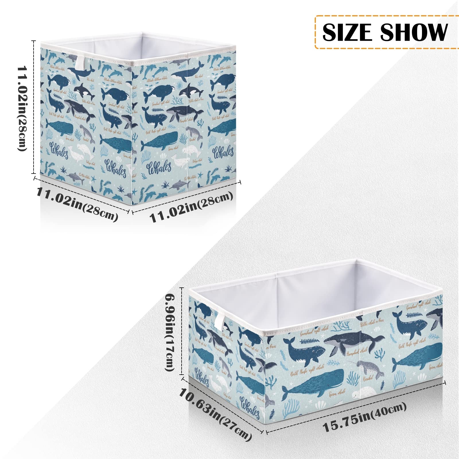 Collapsible Storage Box - Foldable Square Basket Bin with Marine Sea Whales & Blue Seaweeds Design | Light Blue Nursery Organizer for Toys, Clothes | Easy to Assemble | Perfect for Kids' Room, Playroom & Home Organization