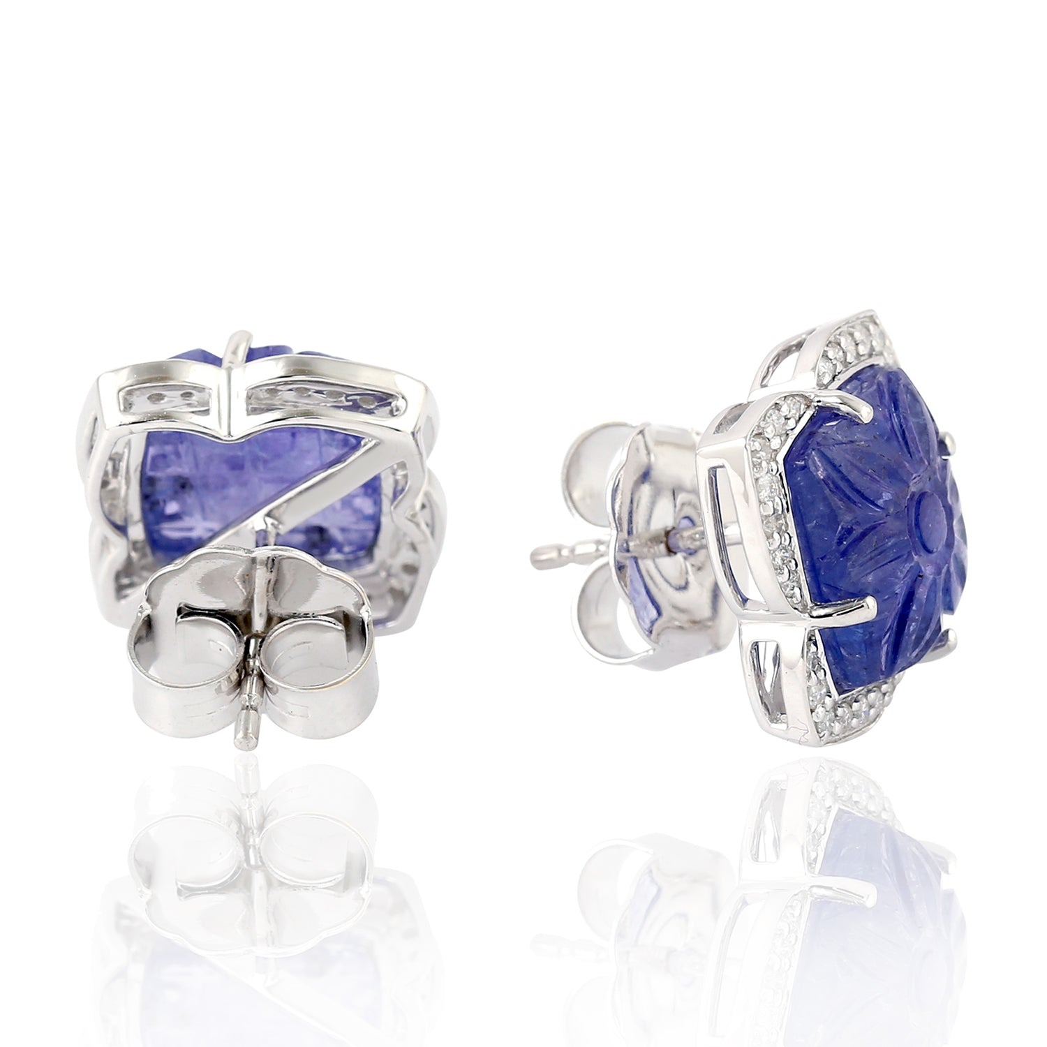 Exquisite 18k Gold Handcarved Tanzanite Pave Diamond Stud Earrings for Women | Luxury Jewelry Gift for Anniversary, Wedding & Special Occasions