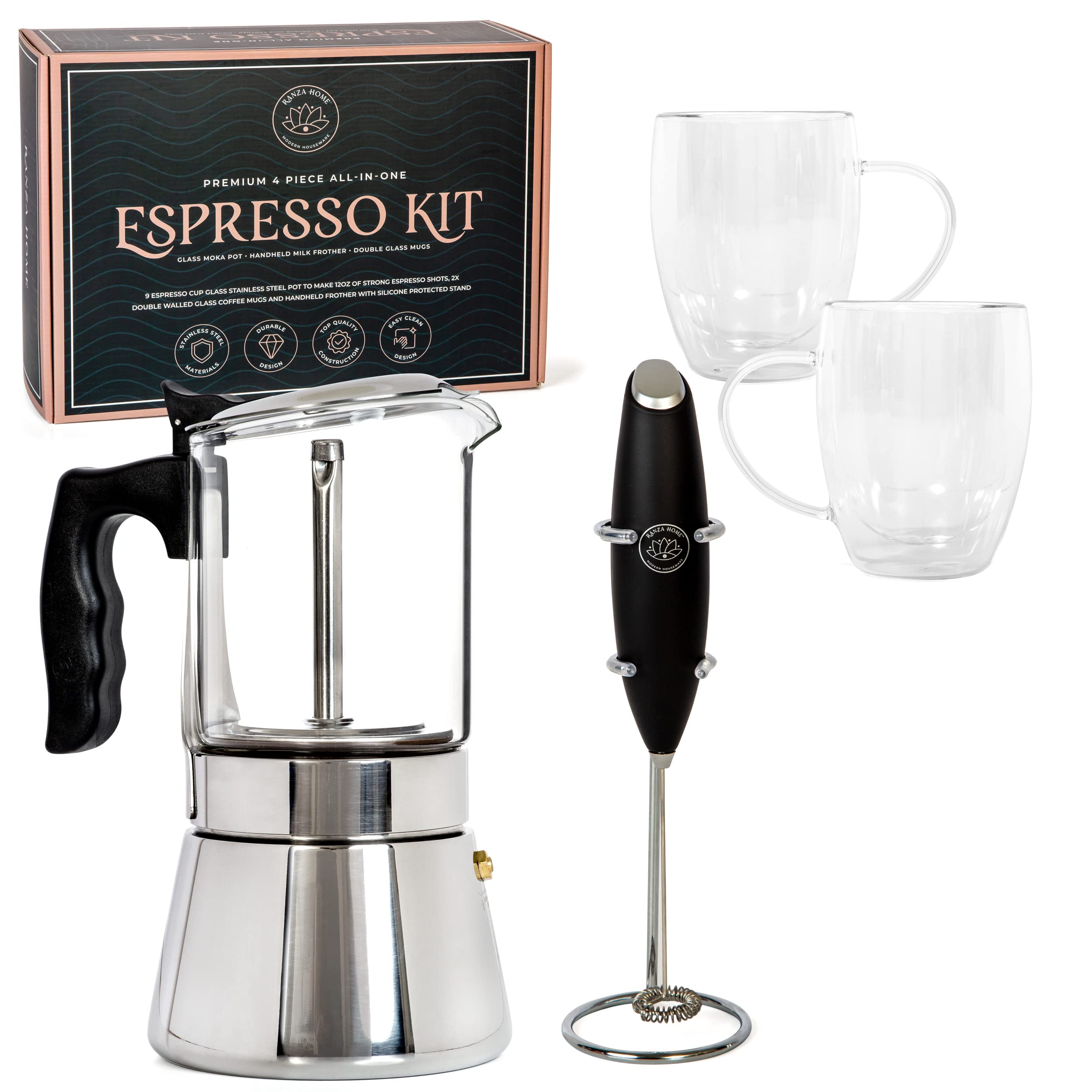Stovetop Espresso Maker Set - 9 Cup Moka Pot, 2x 12oz Glass Coffee Mugs & Milk Frother - Italian Coffee Maker for Cuban, Greek & Espresso - Perfect for Home, Office & Camping Brewing