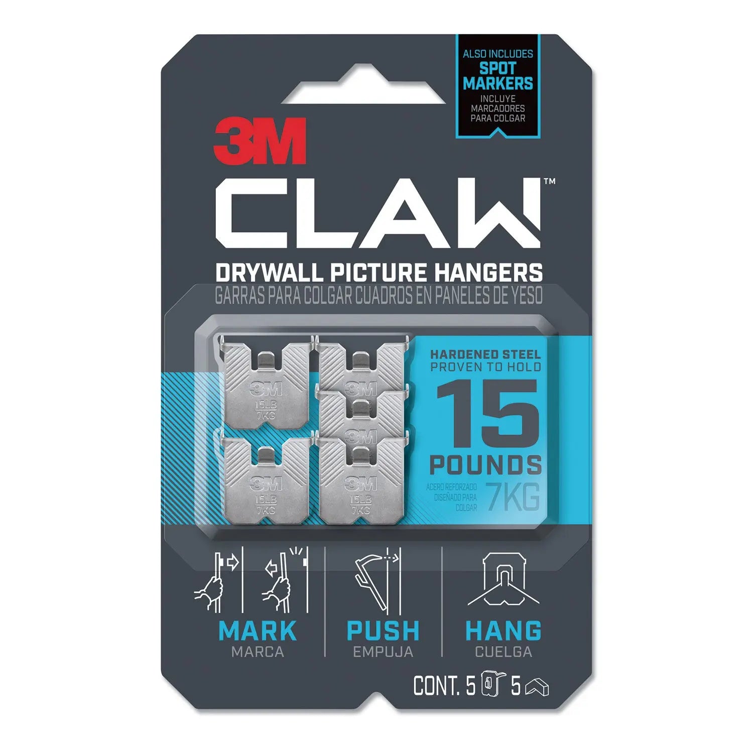 3M™ Claw Drywall Picture Hanger - Stainless Steel Hooks with 15 lb Weight Capacity - Includes 5 Hooks & 5 Spot Markers - Perfect for Hanging Photos, Mirrors & Wall Decor in Home & Office