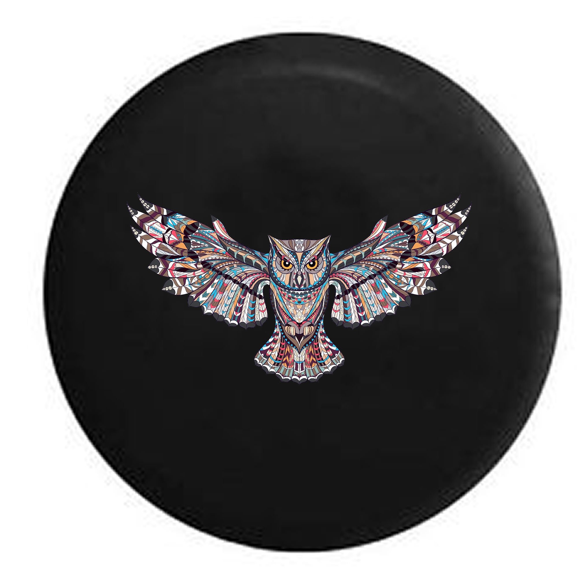 Funny Spare Tire Wheel Cover for Camper, SUV, Trailer, Truck & RV - 28 Inch Thick PVC Leather Owl Mosaic Black Design | Waterproof & UV Resistant for Outdoor Adventures & Road Trips