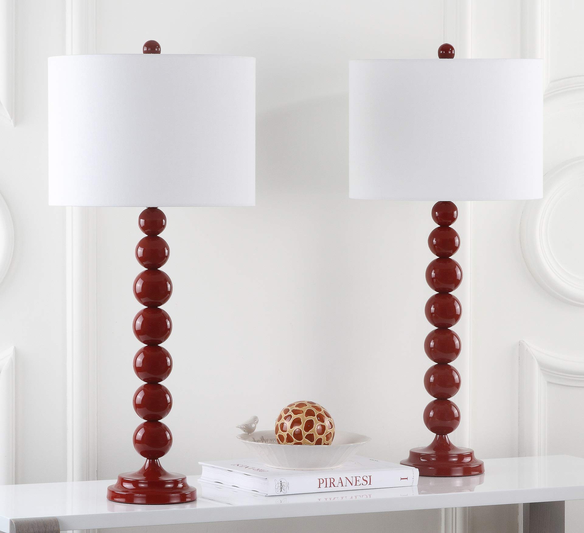 SAFAVIEH Jenna Modern 32-inch Stacked Ball Table Lamp Set of 2 with LED Bulbs - Red Contemporary Lighting for Bedroom, Living Room, Home Office & Nightstand | Perfect for Reading, Working & Ambient Decor
