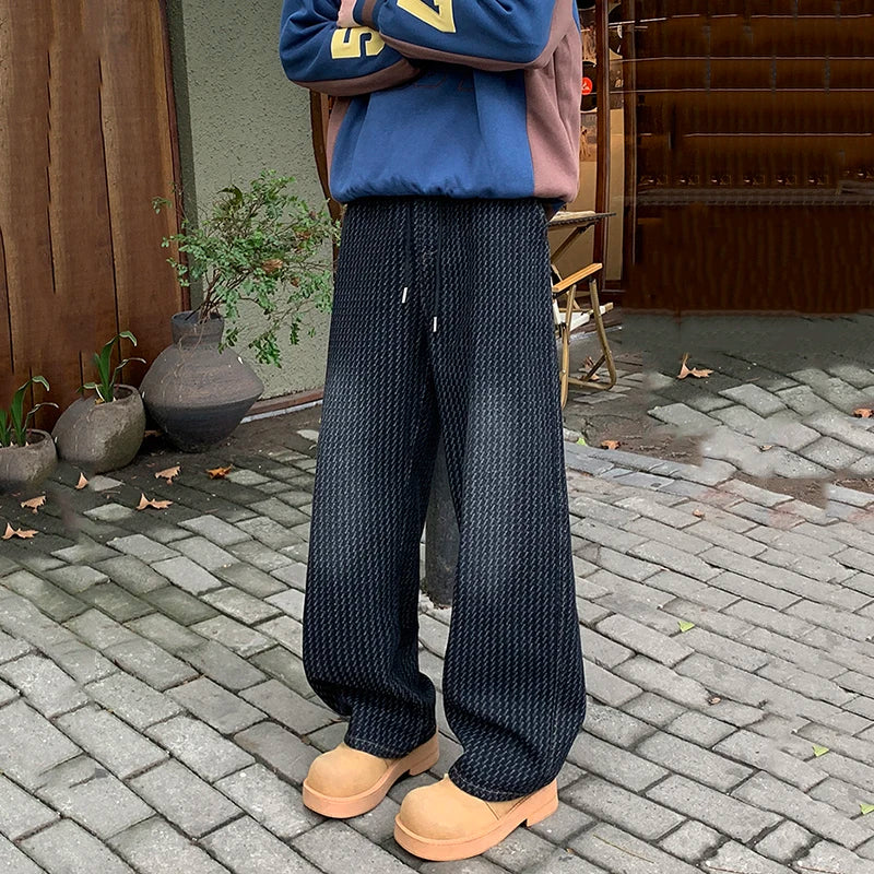 Men's Washed Denim Jeans - Straight Wide Leg Loose Fit Casual Pants with Drawstring & Printing | Spring Collection | Perfect for Everyday Wear, Street Style & Casual Outings