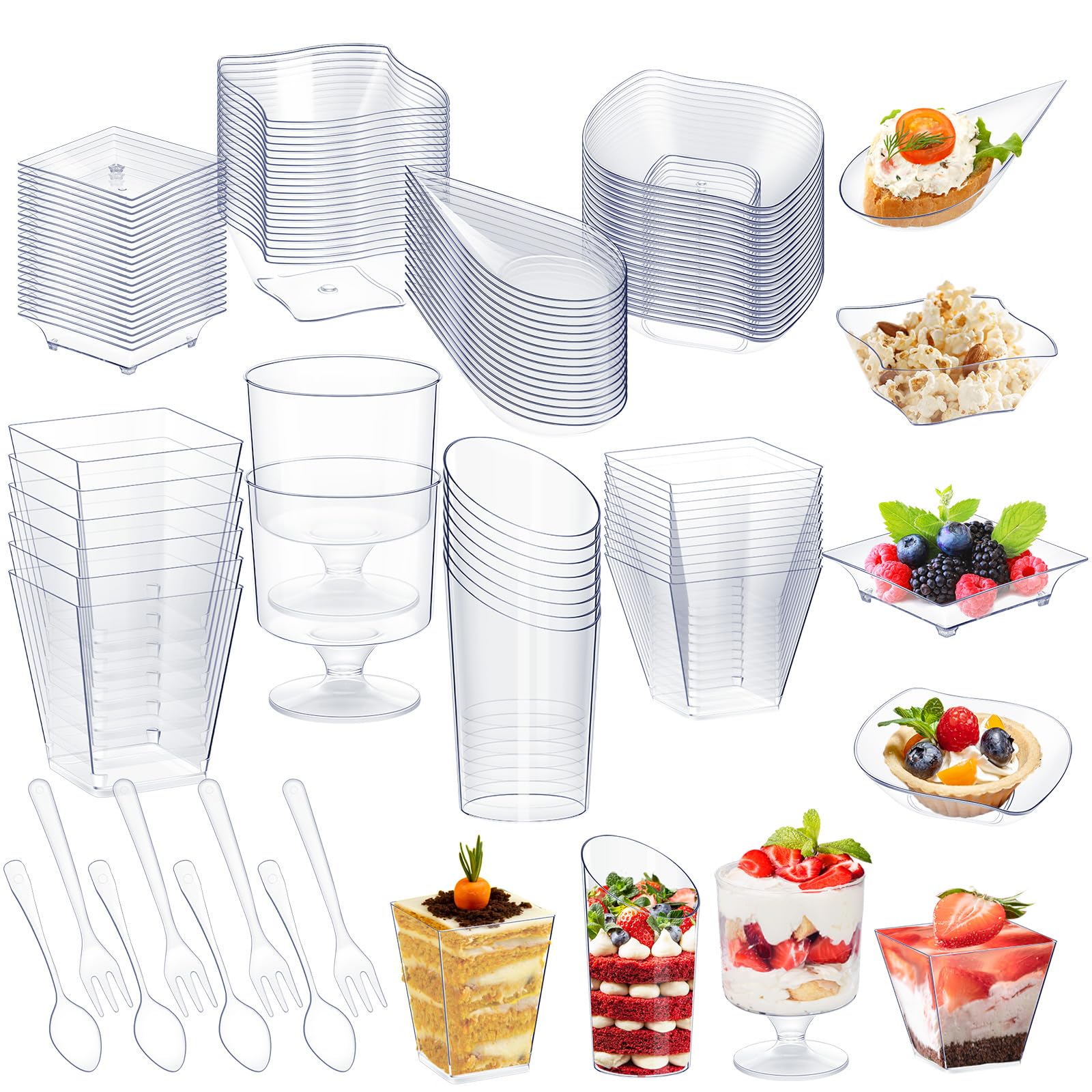 160-Piece Mini Clear Plastic Appetizer Plates & Dessert Cups Set with Spoons & Forks - Disposable Party Serving Supplies for Weddings, Birthdays, Catering (Assorted Shapes)